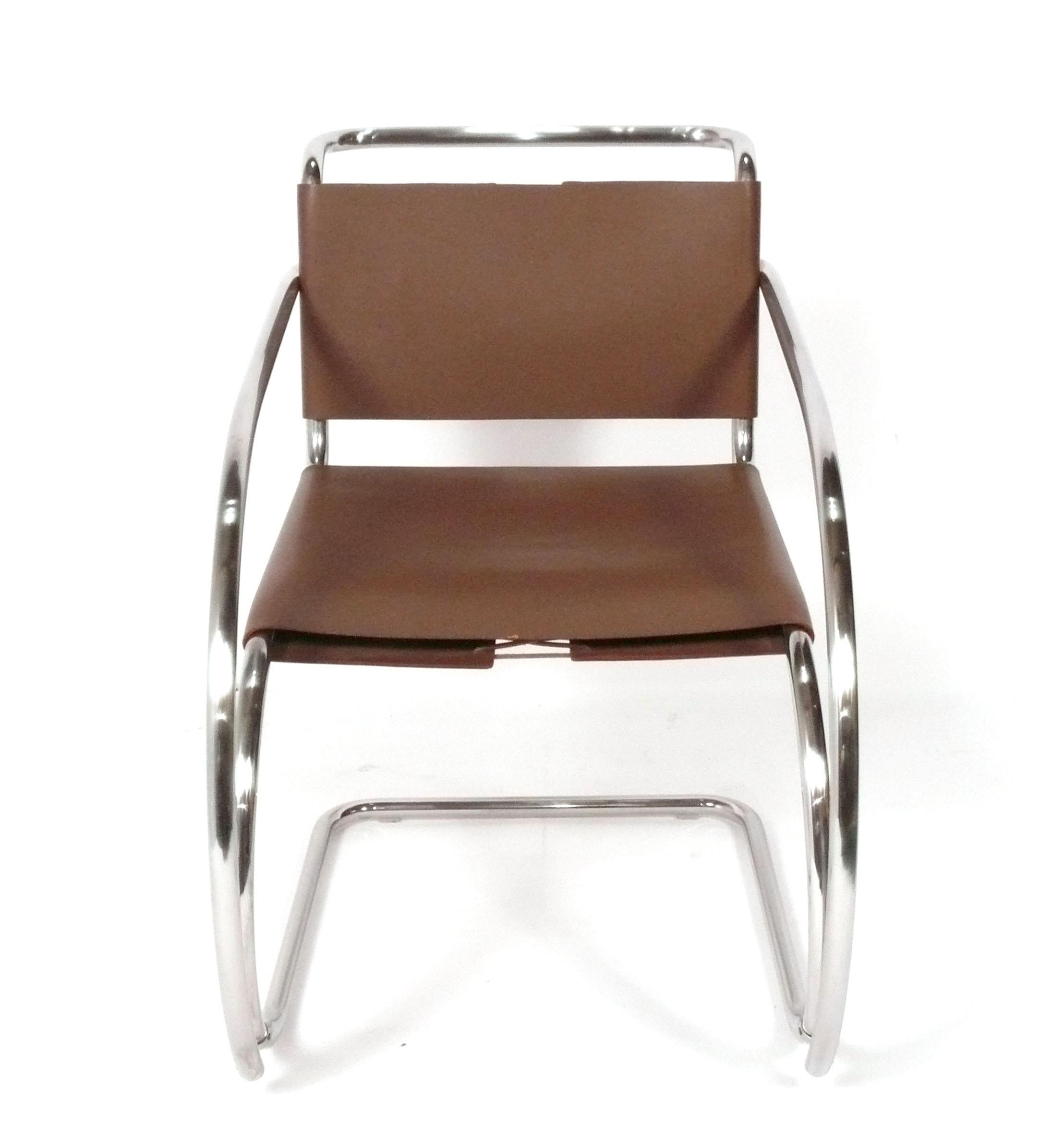 MR Lounge Chair, designed by Ludwig Mies van der Rohe for Knoll, circa 1970s. This sculptural chair was originally designed by Mies in 1927 and has become an icon of modernist design. Signed with Knoll label underneath.   