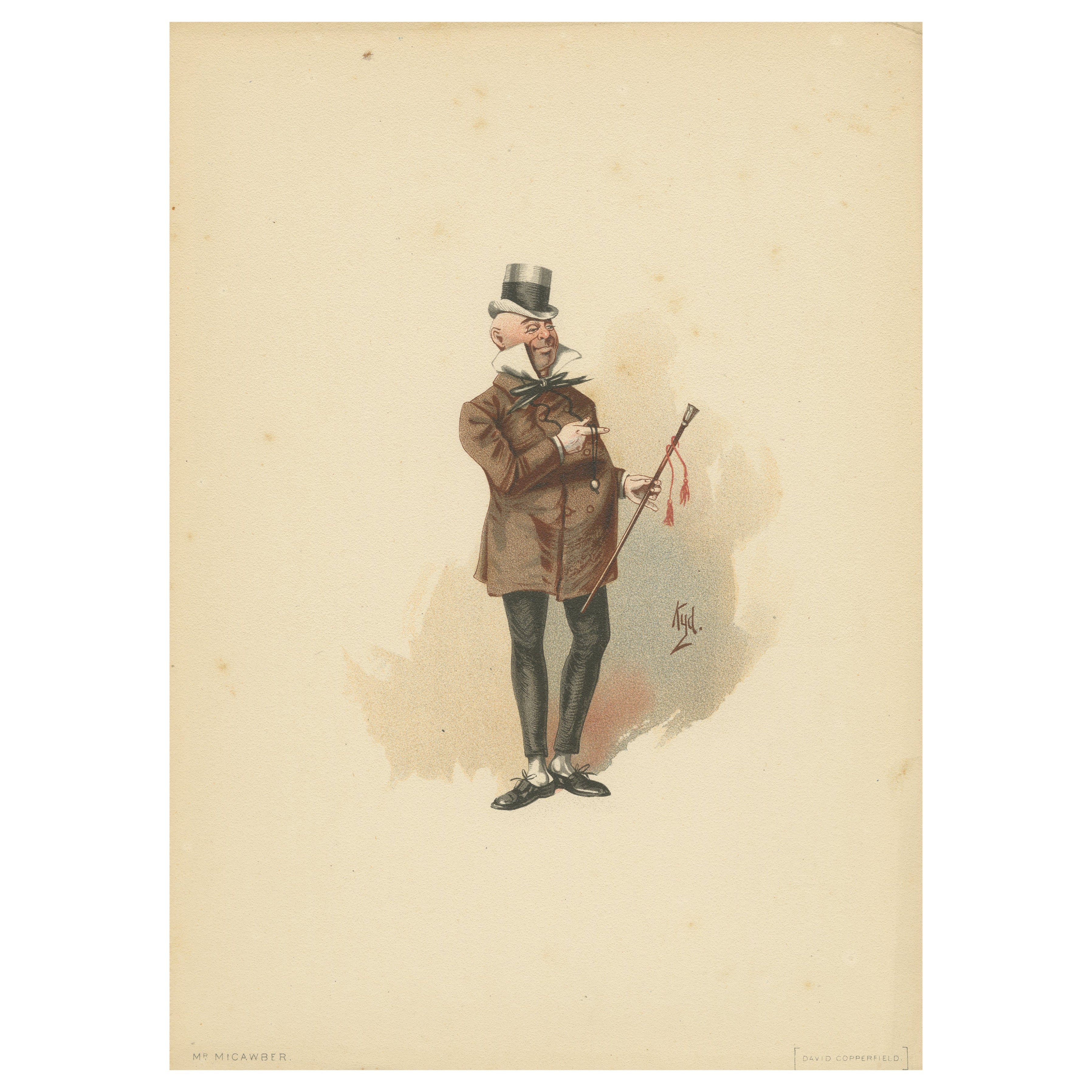 Mr Micawber da David Copperfield - Litografia originale del personaggio di Dickens, 1889