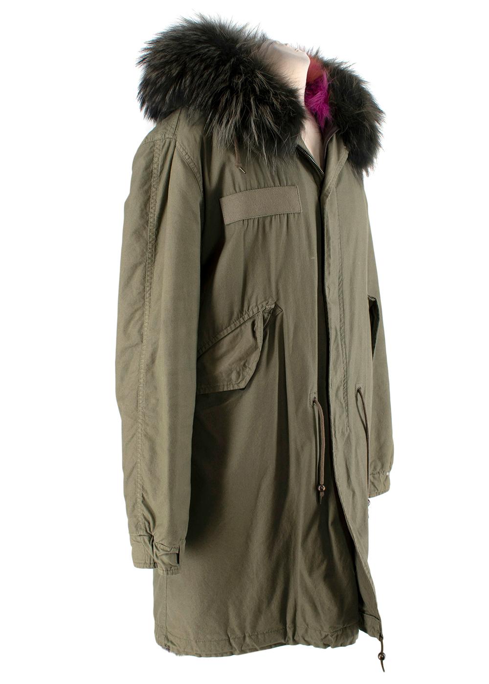 Mr & Mrs Italy Fox & Racoon Fur Trimmed Khaki Army Parka

- Signature army style parka from the Italian brand fully lined in multicolour fox fur, and trimmed with racoon pelts in a dark natural tone
- Racoon trim fully removable 
- Interior fox in a