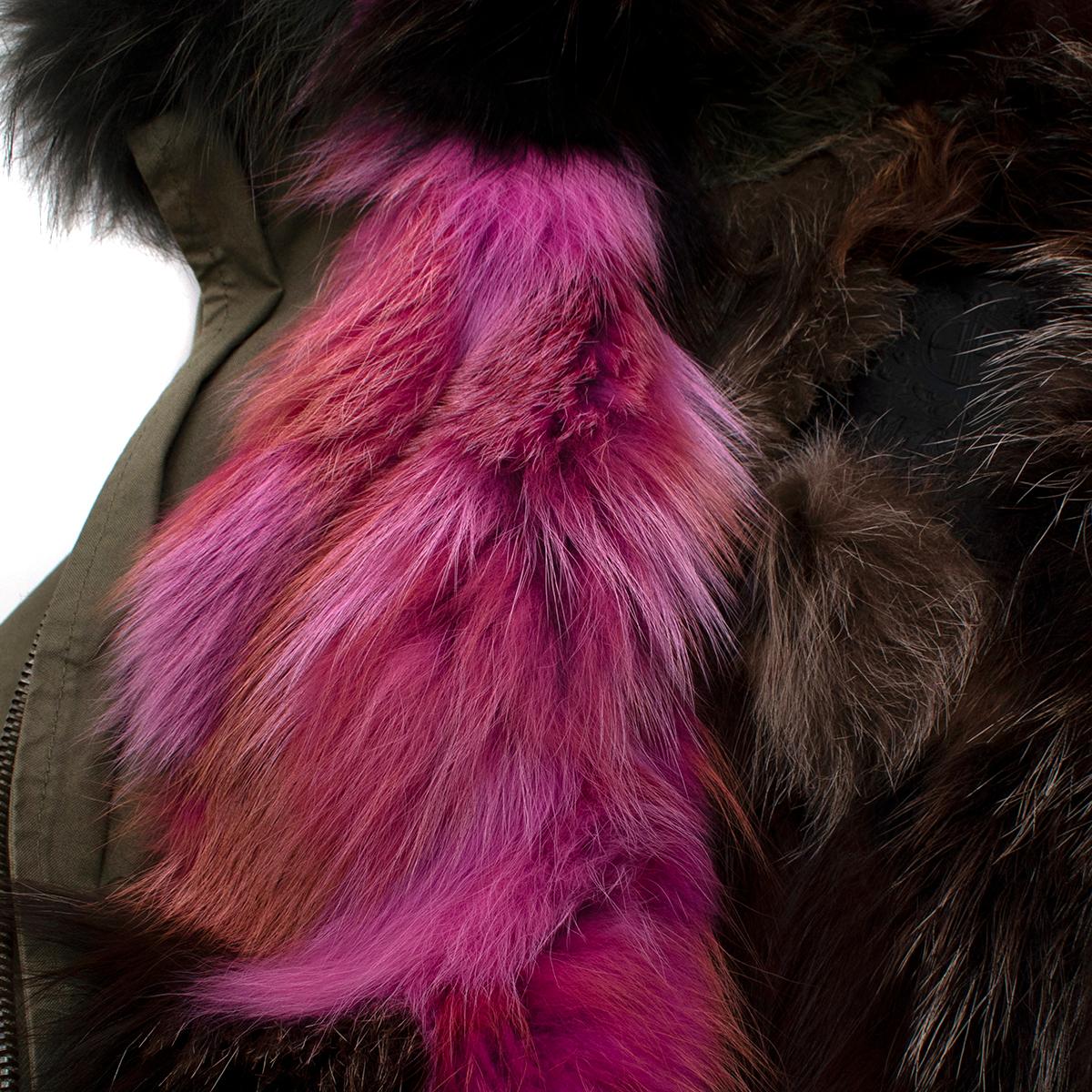 Women's Mr & Mrs Italy Fox & Racoon Fur Trimmed Khaki Army Parka - Size M