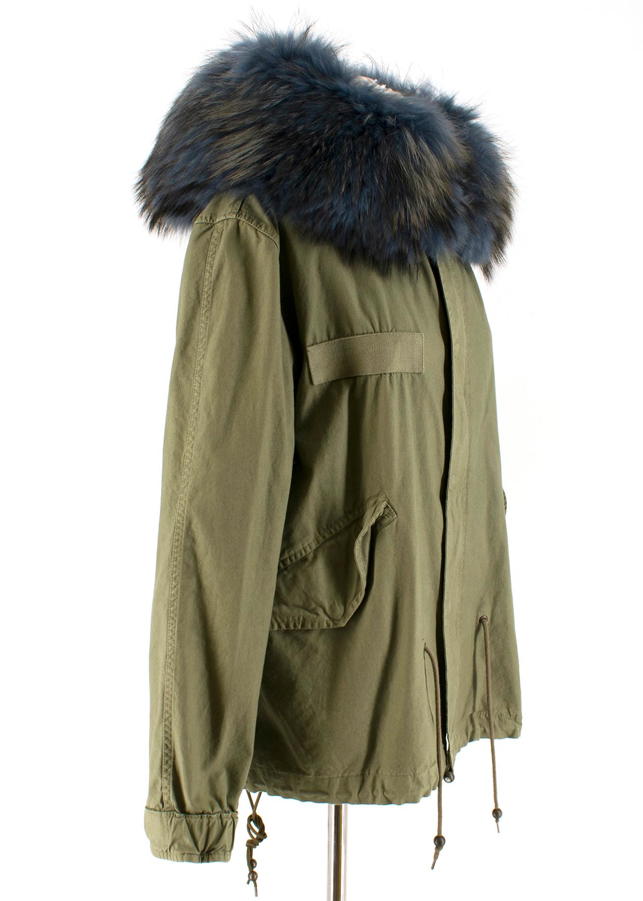 green parka with blue fur hood