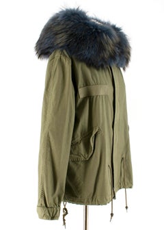 Mr & Mrs Italy Green Parka Coat with Blue Racoon Fur Hood SIZE XS