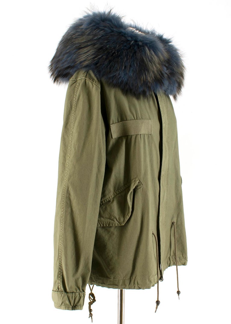 Mr and Mrs Italy Green Parka Coat with Blue Racoon Fur Hood SIZE XS at ...