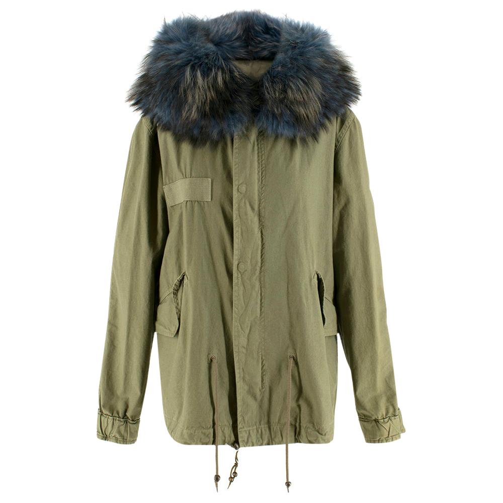 Mr & Mrs Italy Green Parka Coat with Blue Racoon Fur Hood SIZE XS