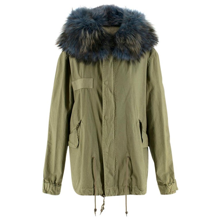 Mr and Mrs Italy Green Parka Coat with Blue Racoon Fur Hood SIZE XS at  1stDibs
