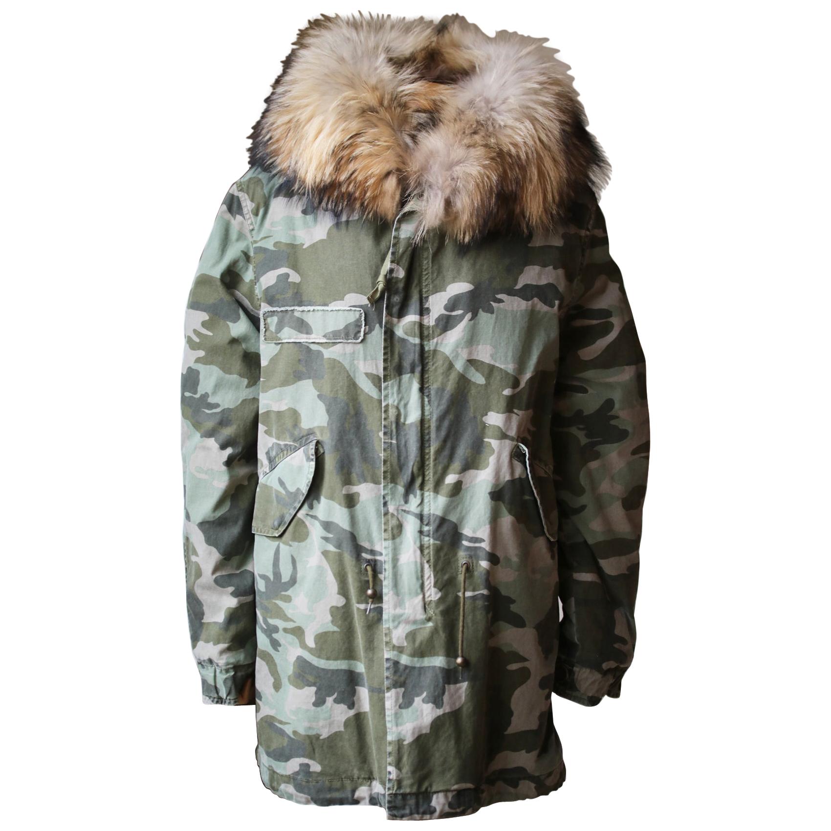 Mr & Mrs Italy Raccoon Fur-Lined Camouflage Parka Jacket 
