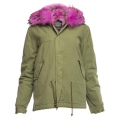 Mr & Mrs Italy Damen Armee Parka Jacke Grün Canvas Waschbär Pelz gefüttert