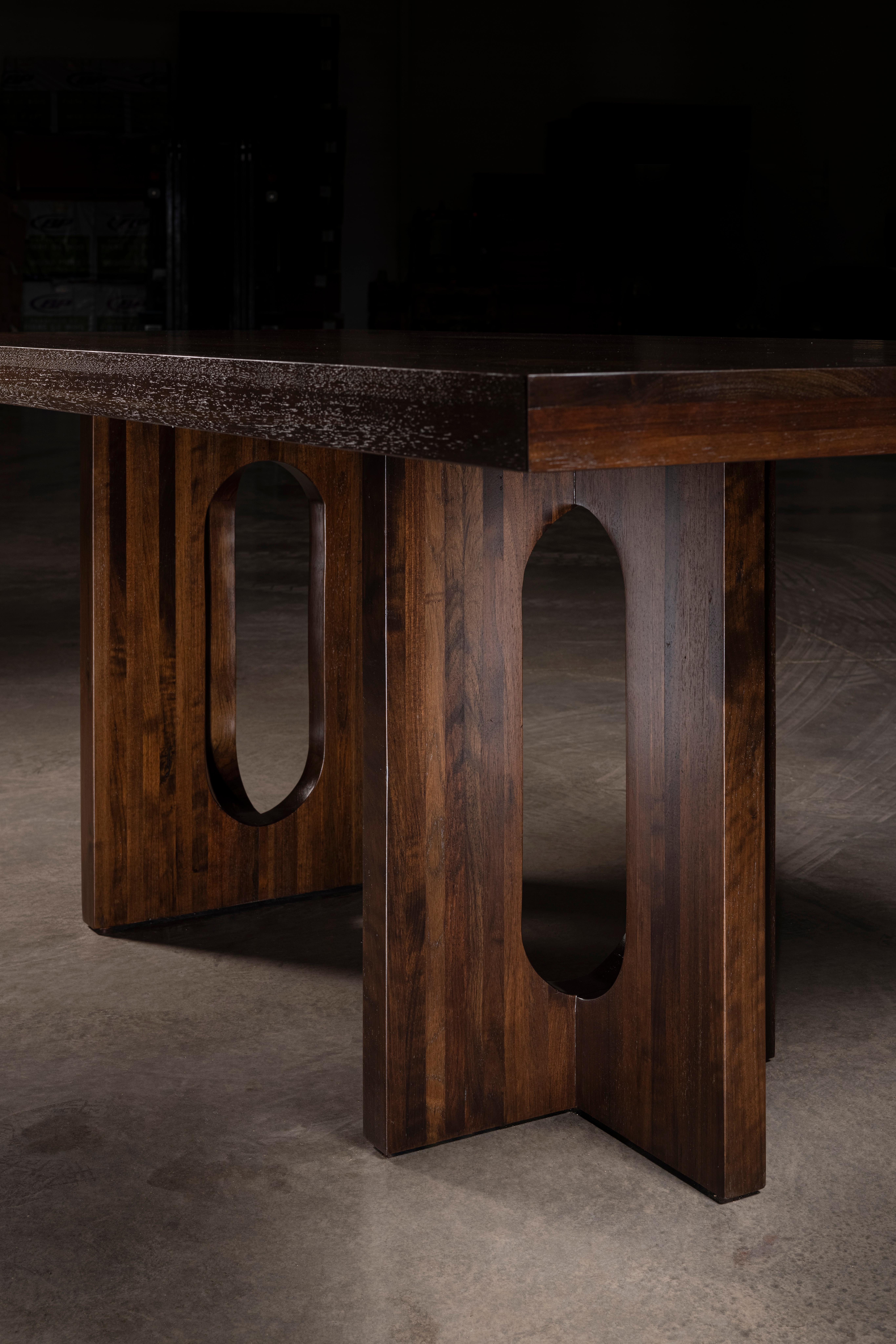 Solid Peruvian Walnut Dining Table with 2 Geometric Modern Pedestals.