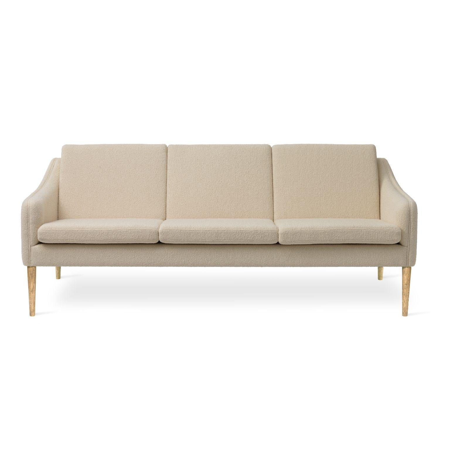 Mr Olsen 3 seater oak cream by Warm Nordic
Dimensions: D201 x W79 x H 78/46 cm
Material: textile upholstery, foam, spring system, solid oiled oak legs, solid smoked oak legs
Weight: 50 kg
Also available in different colours and finishes. 

A
