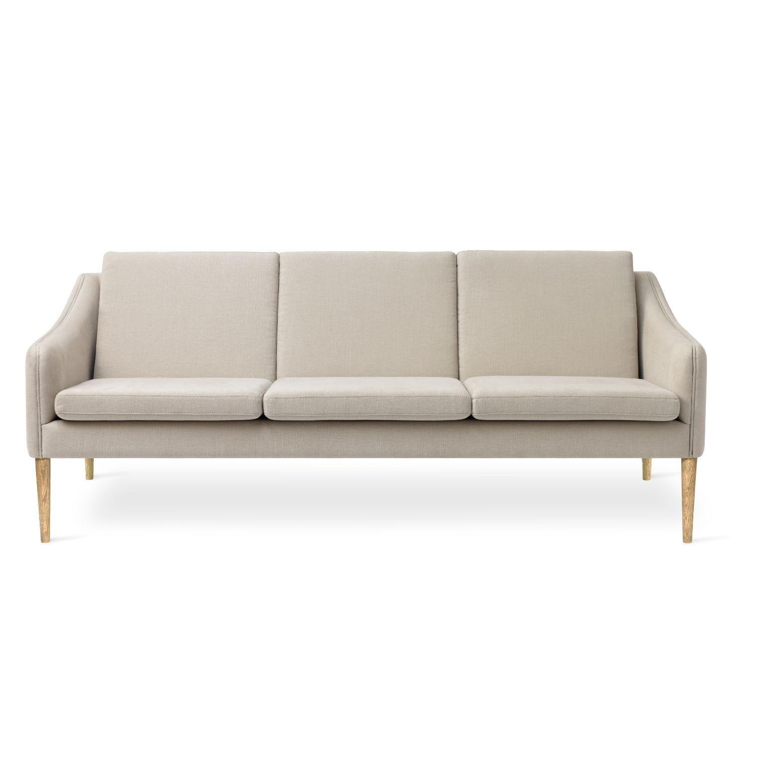 Mr Olsen 3 seater oak linen by Warm Nordic
Dimensions: D 201 x W 79 x H 78/46 cm
Material: Textile upholstery, Foam, Spring system, Solid oiled oak legs, Solid smoked oak legs
Weight: 50 kg
Also available in different colours and finishes.

A