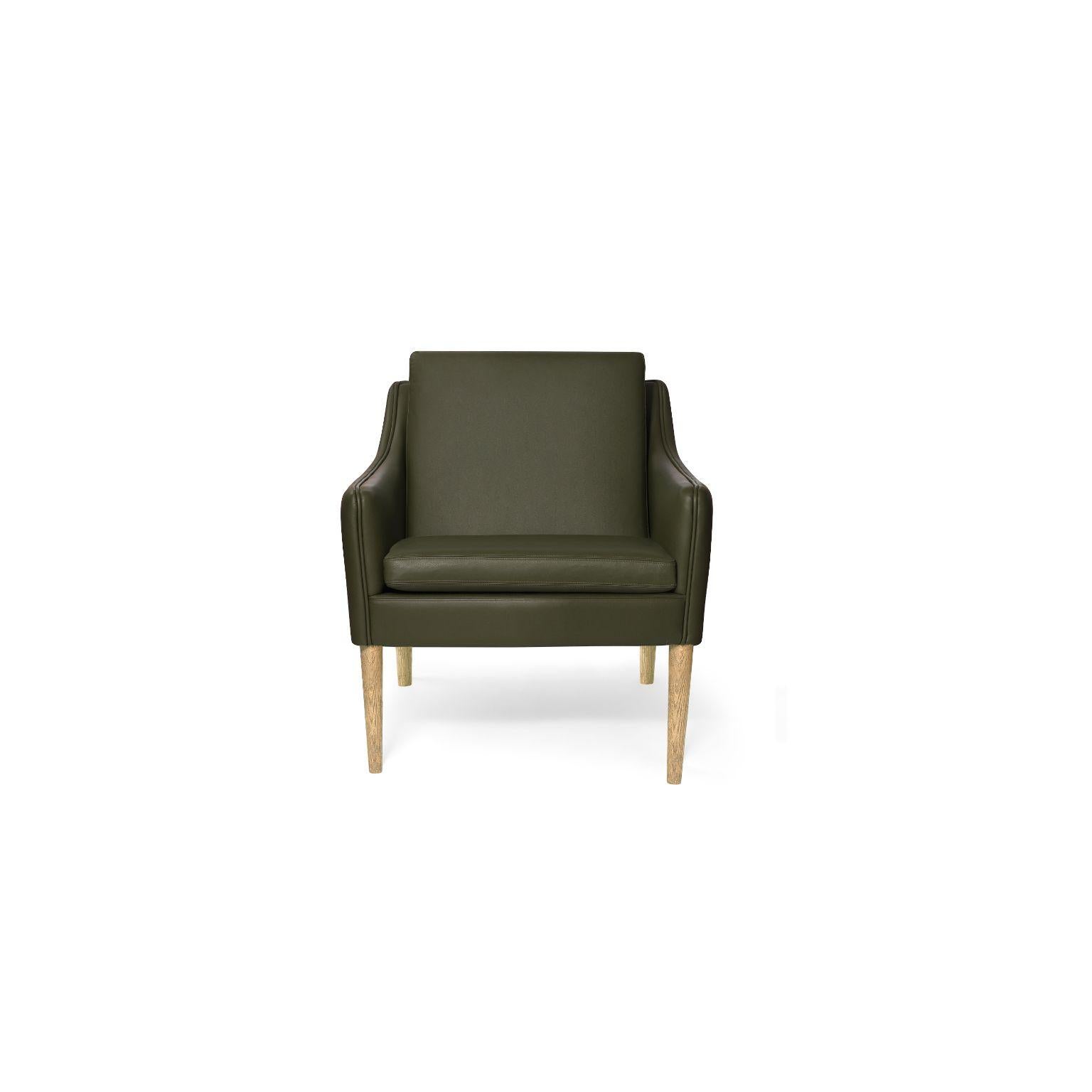 Mr. Olsen Lounge chair Solid Smoked Oak Pickle Green Leather by Warm Nordic
Dimensions: D81 x W79 x H 78 cm
Material: Textile upholstery, Foam, Spring system, Oak, Leather
Weight: 27 kg
Also available in different colors, materials and finishes. 

A