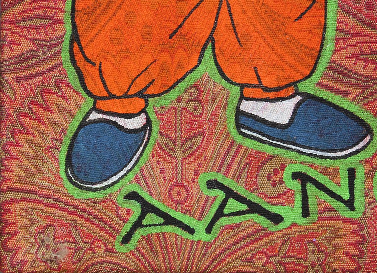 Small orange, blue, and green toned abstract pop art acrylic painting on blue paisley-patterned brocade fabric by artist Mr. Painty depicting Nickelodeon character, Aang. Portrait is juxtaposed with text that reads 
