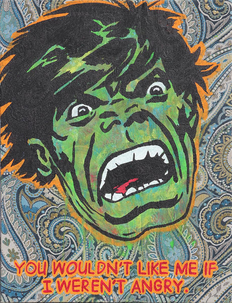 Mr. Painty Abstract Painting - “Hulk Weren’t Angry #1" Green Toned Abstract Hulk Pop Art Painting on Brocade