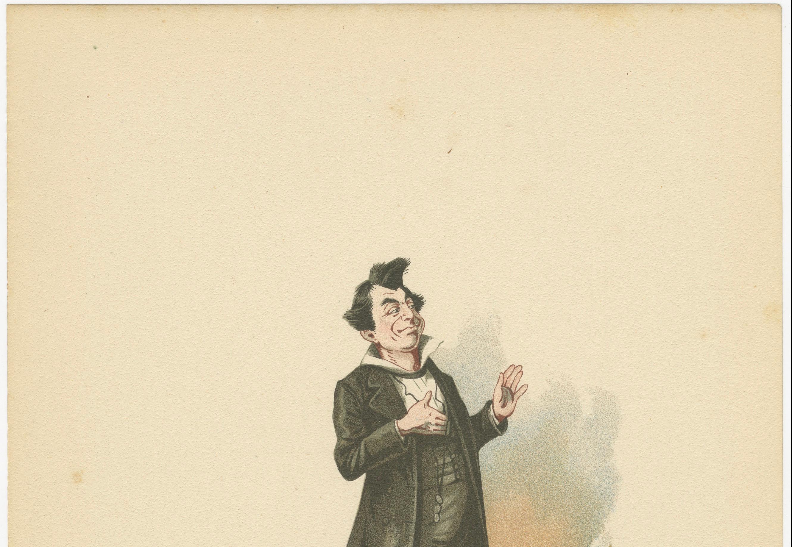 Mr. Pecksniff aus Martin Chuzzlewit - Dickens Charakter Lithographie von Kyd, um 1889

Beschreibung:
Diese farbenprächtige Chromolithografie zeigt die Figur des Mr. Seth Pecksniff aus Martin Chuzzlewit (1843-44), einem der bissigsten Porträts von