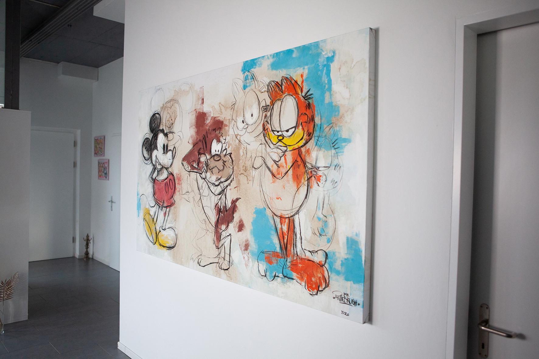 Beyond of Disney - Painting Mickey, Taz and Garfield - Mr. Pinkbrush - Gray Figurative Painting by Mr Pinkbrush