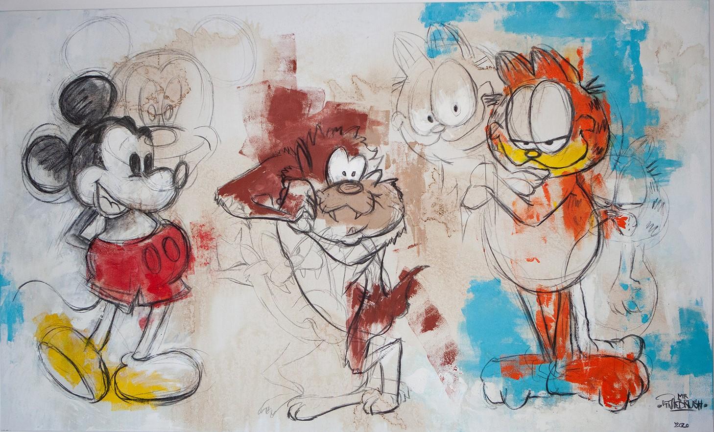 Mr Pinkbrush Figurative Painting - Beyond of Disney - Painting Mickey, Taz and Garfield - Mr. Pinkbrush
