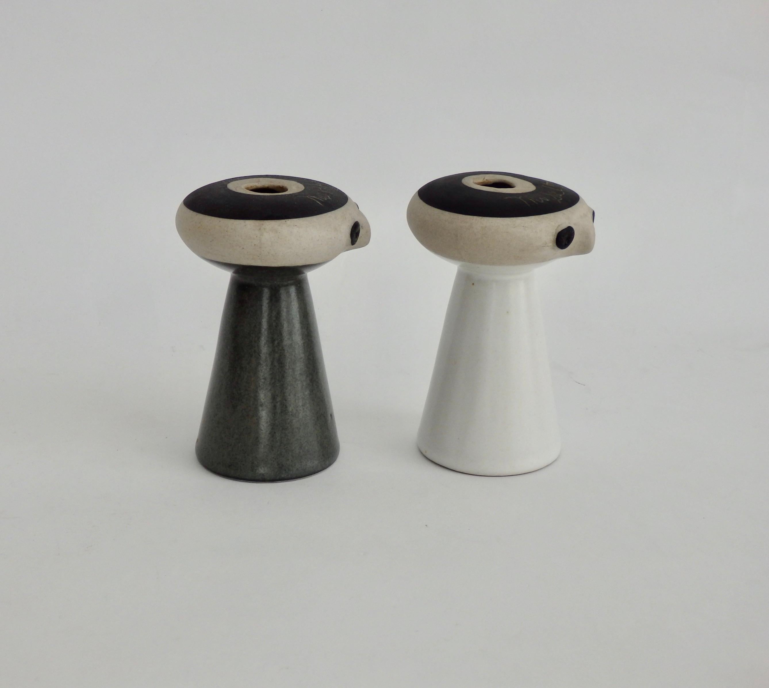 Mr and Mrs salt and pepper shakers. Designed by David Gill. Etched signature Coop Design Bennington Vt.