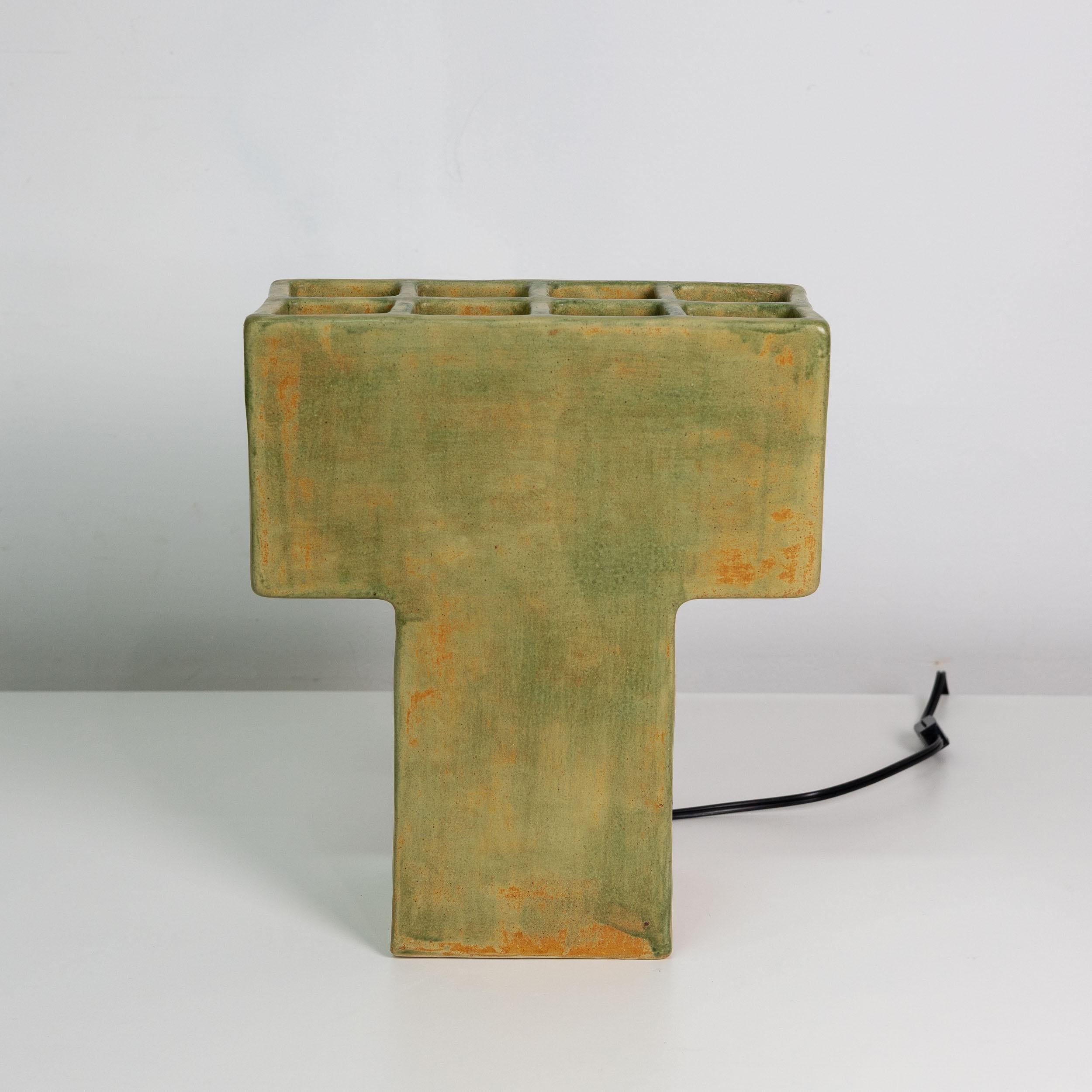 Modern Mr. T Ceramic Table Lamp, Geometric, Brutalist, Square Table Light, Clay, Glazed For Sale