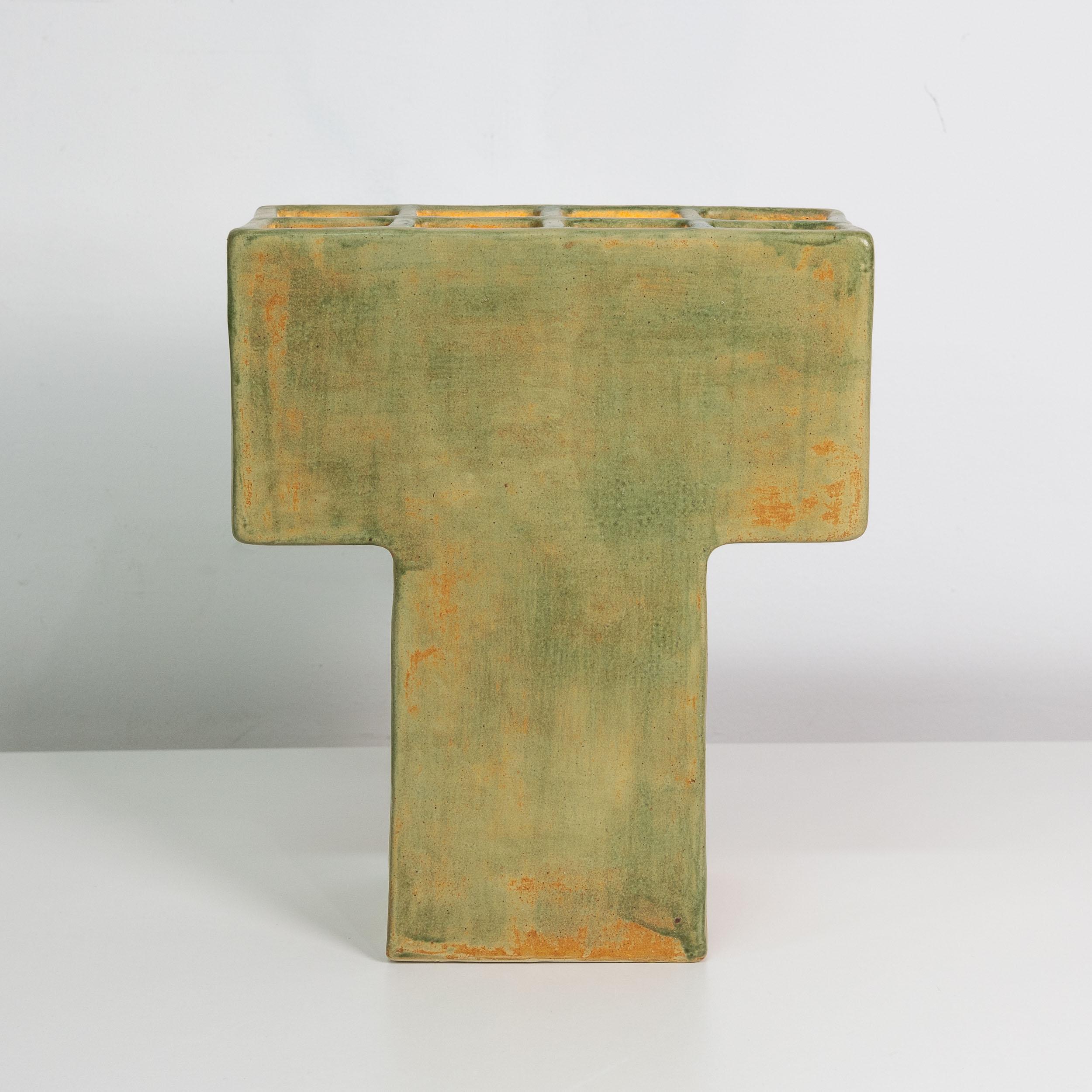 American Mr. T Ceramic Table Lamp, Geometric, Brutalist, Square Table Light, Clay, Glazed For Sale