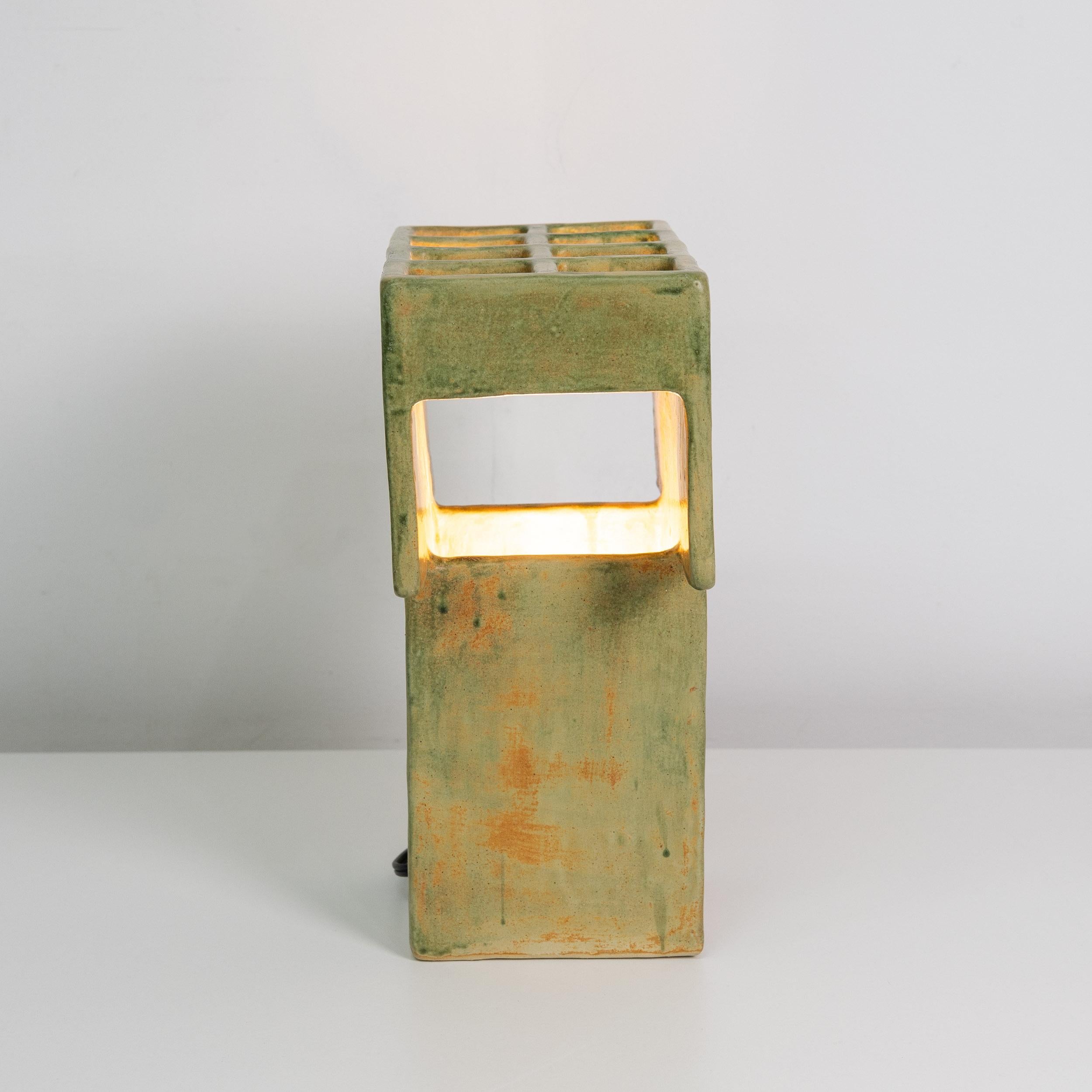 Hand-Crafted Mr. T Ceramic Table Lamp, Geometric, Brutalist, Square Table Light, Clay, Glazed For Sale