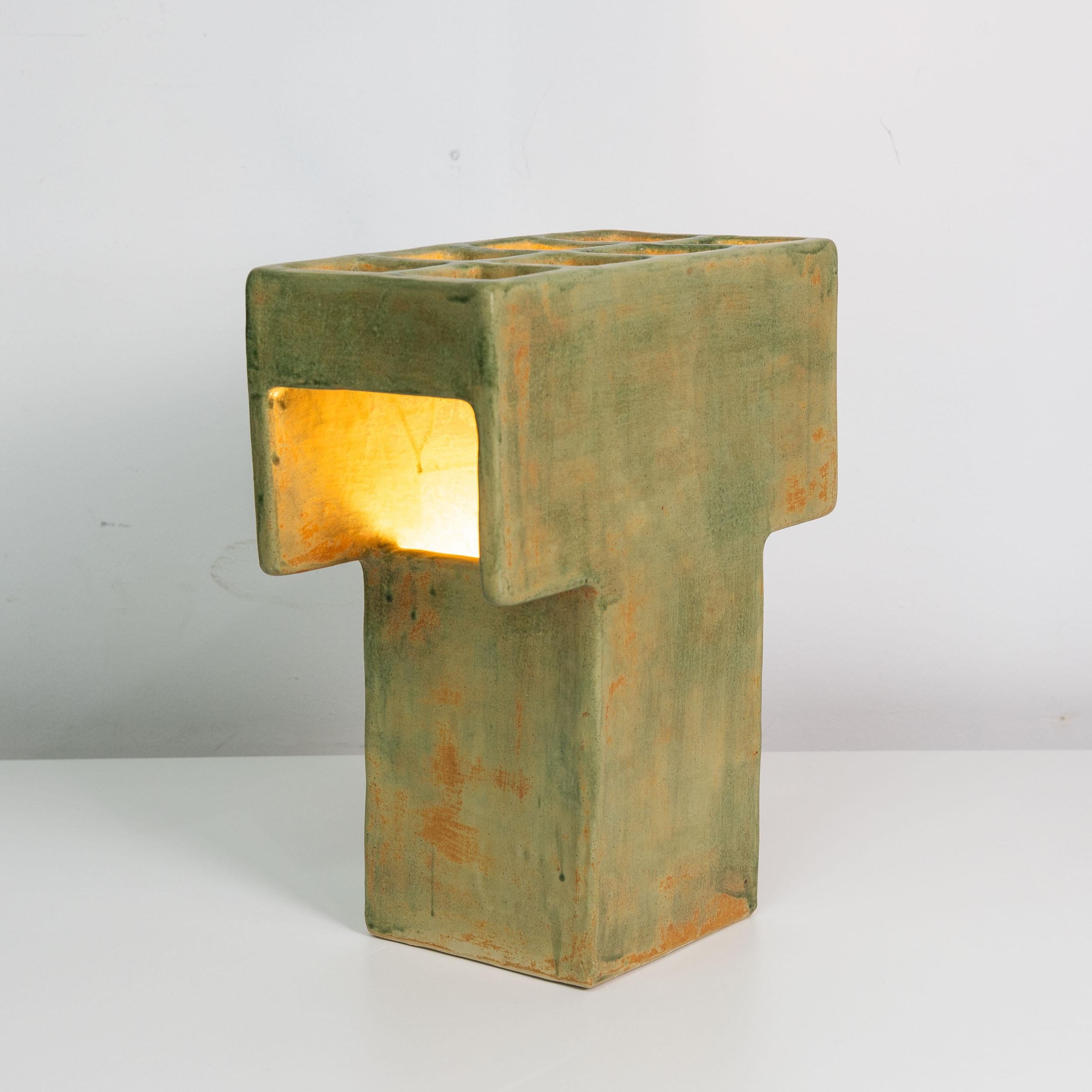 Contemporary Mr. T Ceramic Table Lamp, Geometric, Brutalist, Square Table Light, Clay, Glazed For Sale