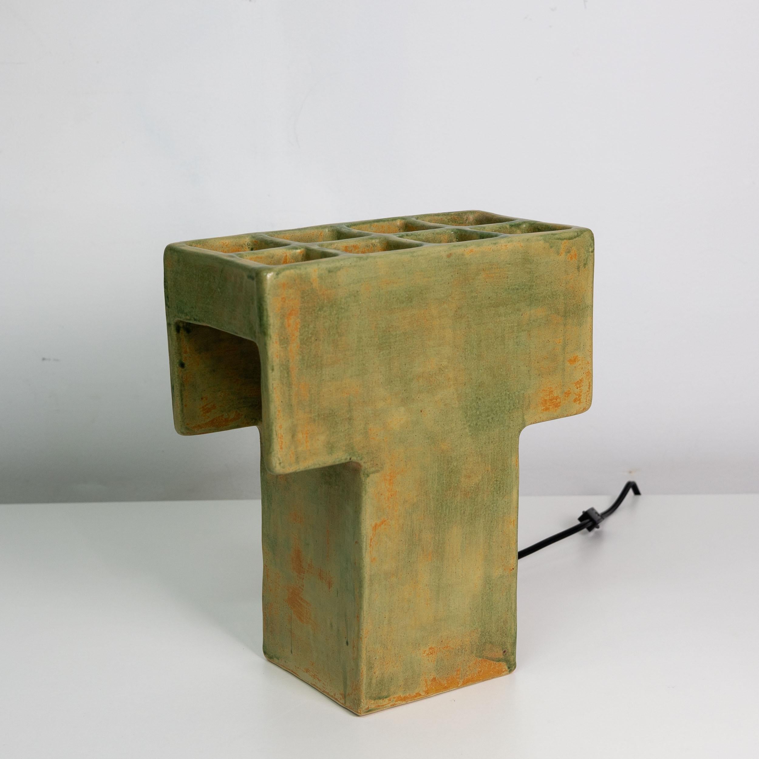 Mr. T Ceramic Table Lamp, Geometric, Brutalist, Square Table Light, Clay, Glazed For Sale 1