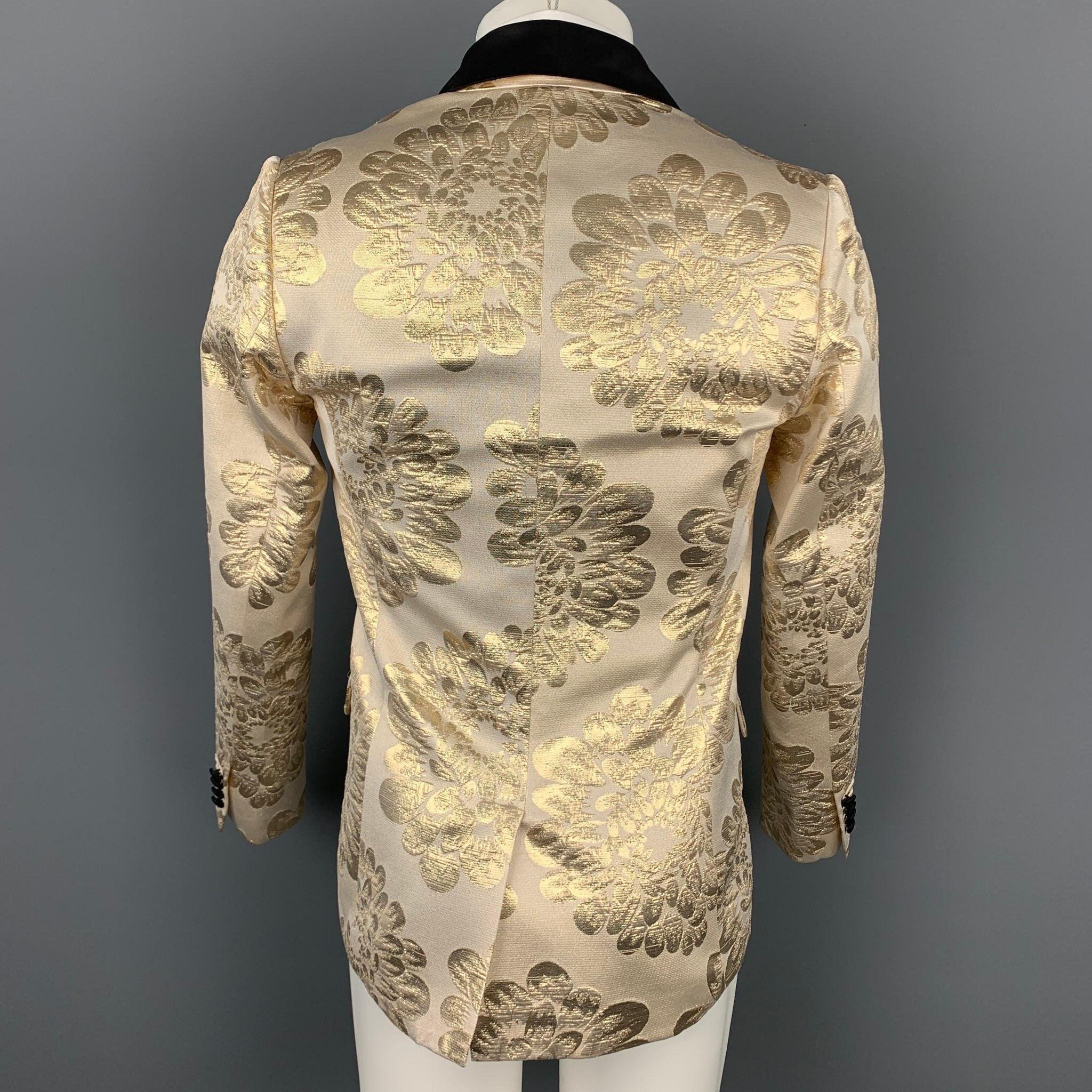 Men's MR TURK Size 36 Beige & Gold Brocade Cotton Blend Shawl Collar Sport Coat