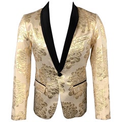 MR TURK Size 36 Beige & Gold Brocade Cotton Blend Shawl Collar Sport Coat