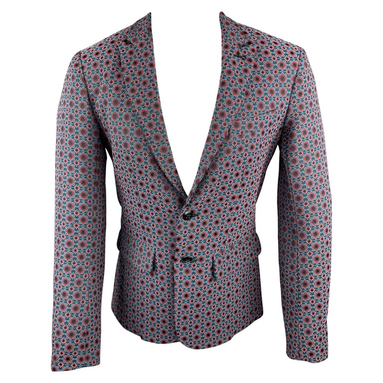 MR. TURK Size 36 Blue and Red Print Polyester Blend Peak Lapel Sport ...