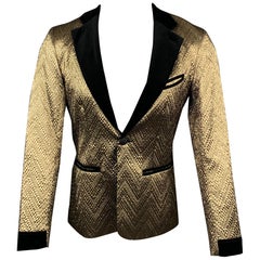MR TURK Size 36 Gold & Black Brocade Polyester Notch Lapel Sport Coat