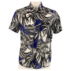 MR TURK Size L Black & Blue Print Cotton Button Up Short Sleeve Shirt