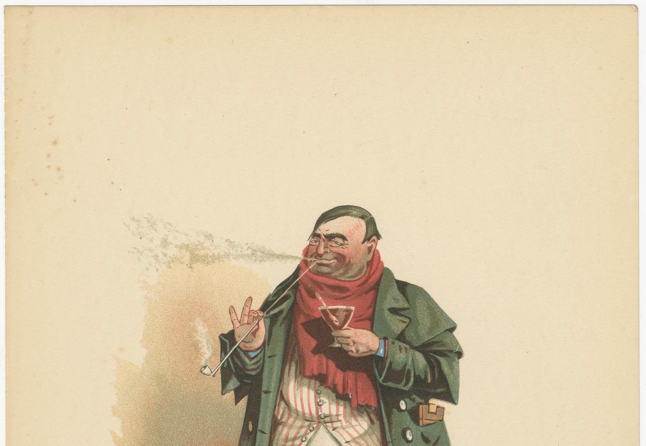 Mr. Weller Senior aus den Pickwick Papers - Viktorianische Lithographie von Kyd, um 1889

Diese lebendige viktorianische Chromolithographie zeigt die Figur des Mr. Tony Weller, bekannt als Mr. Weller Senior, aus Charles Dickens' *The Pickwick