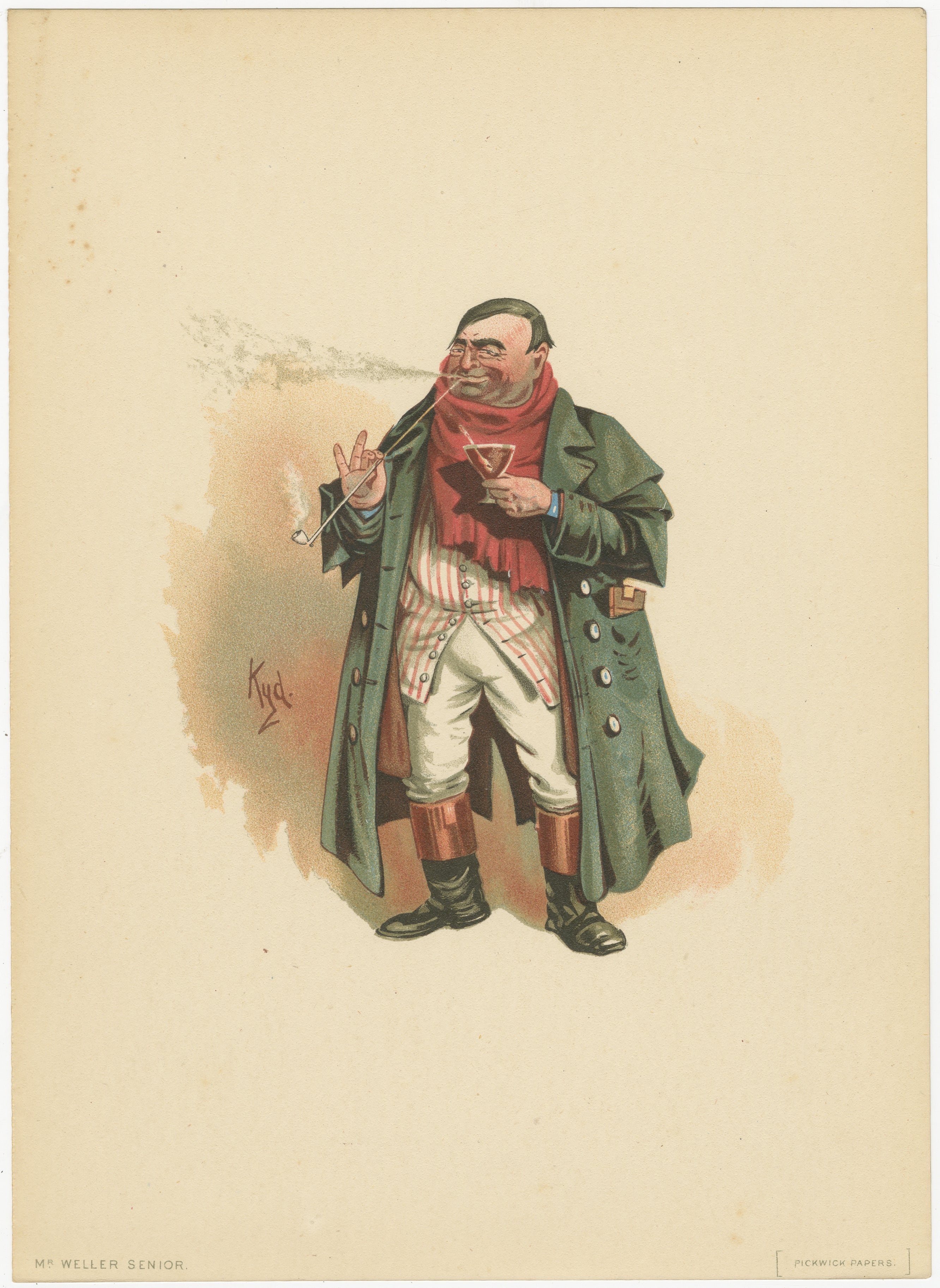 Mr. Weller Senior aus den Pickwick Papers - Viktorianische Lithographie von Kyd, um 1889 im Angebot