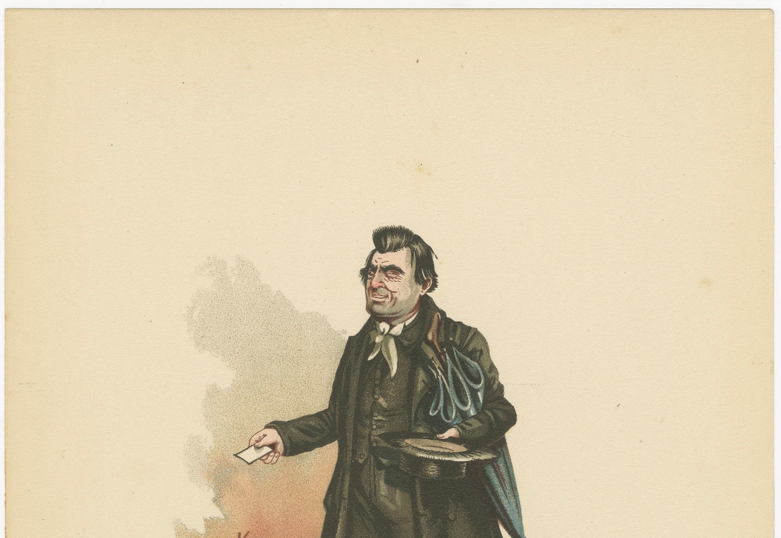 Mr Whackford Squeers aus Nicholas Nickleby - Original Dickens Lithographie von Kyd, um 1889

Beschreibung:
Diese eindrucksvolle Chromolithografie zeigt Mr. Whackford Squeers, den berüchtigten Schulmeister aus Charles Dickens' Nicholas Nickleby, in