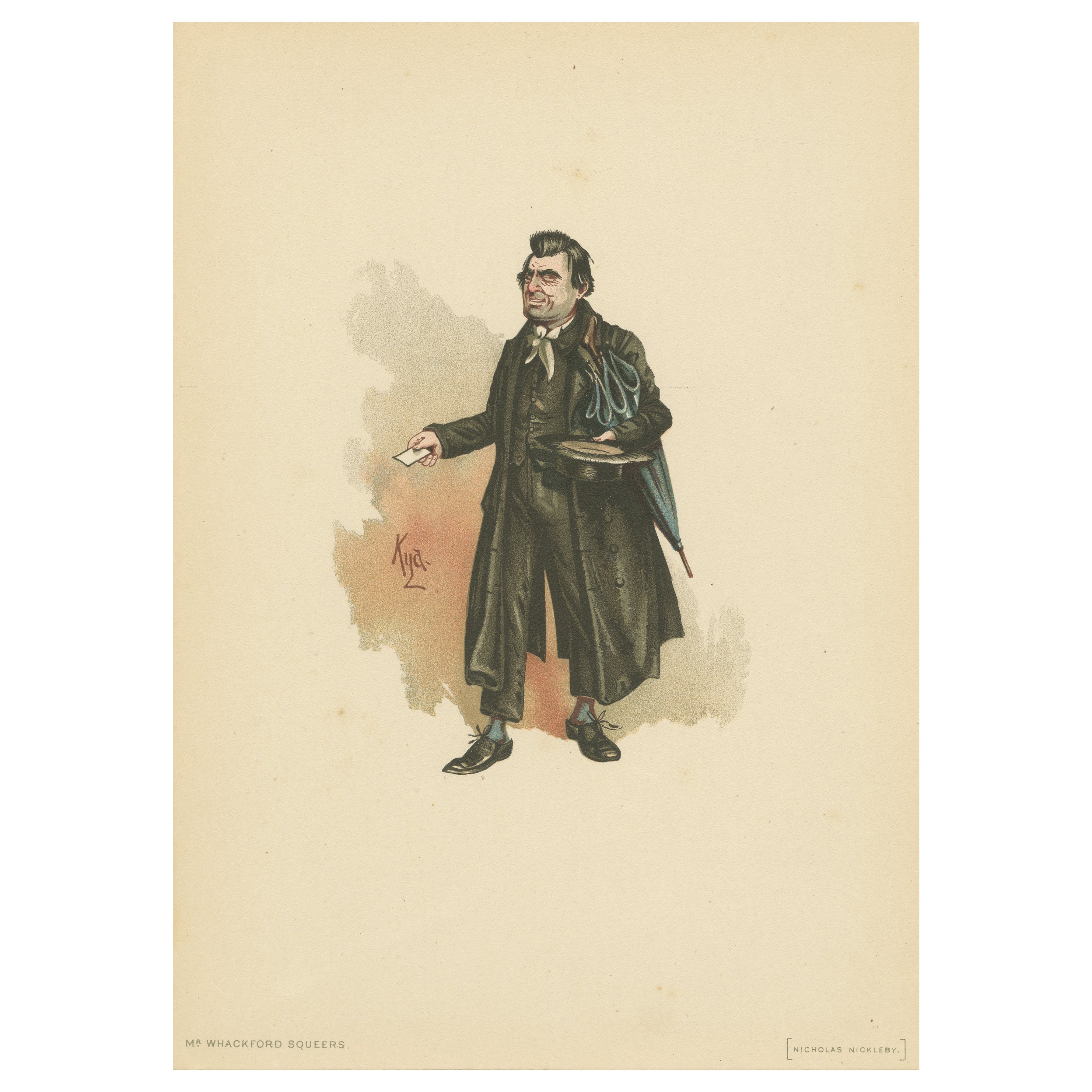 Il signor Whackford squittisce da Nicholas Nickleby - Litografia originale di Dickens, 1889 in vendita