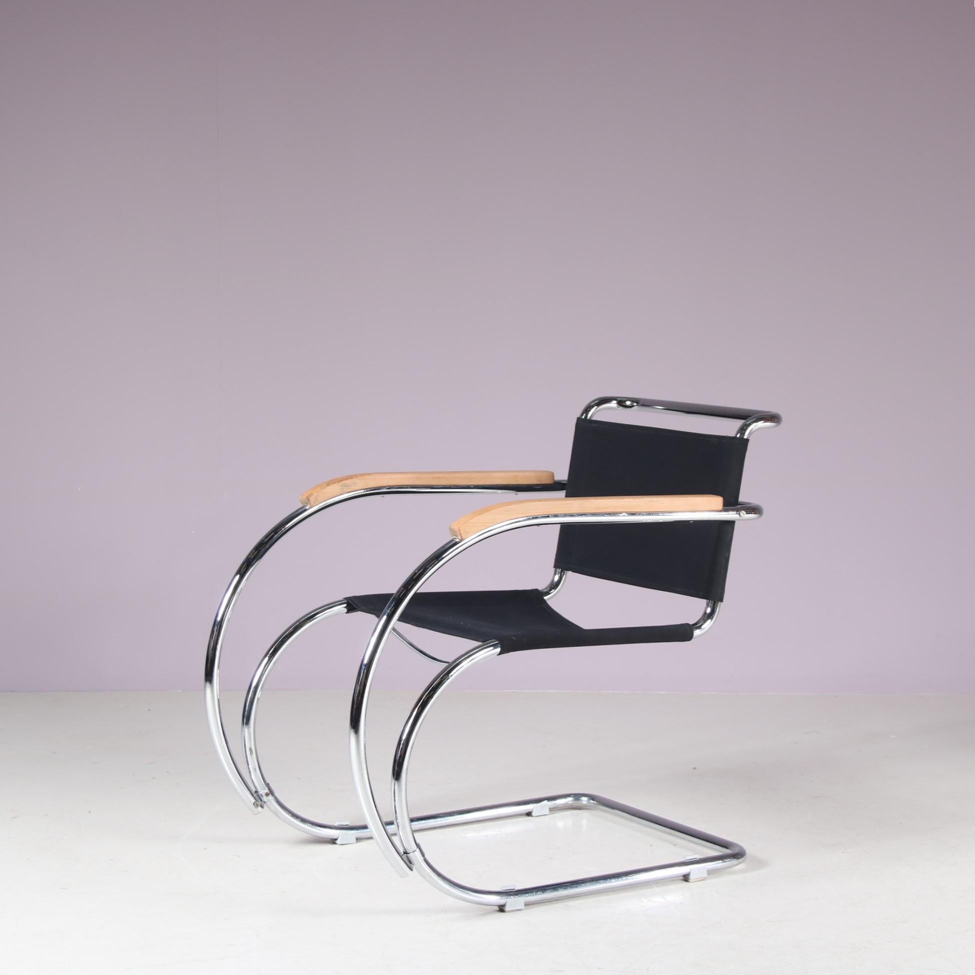 An iconic “MR20” Chairs designed by Mies van der Rohe and manufactured by Mücke Melder in Germany around 1930.

This iconic chair features a sleek chrome plated tubular metal frame that exudes modern elegance. The black canvas seat and back nicely