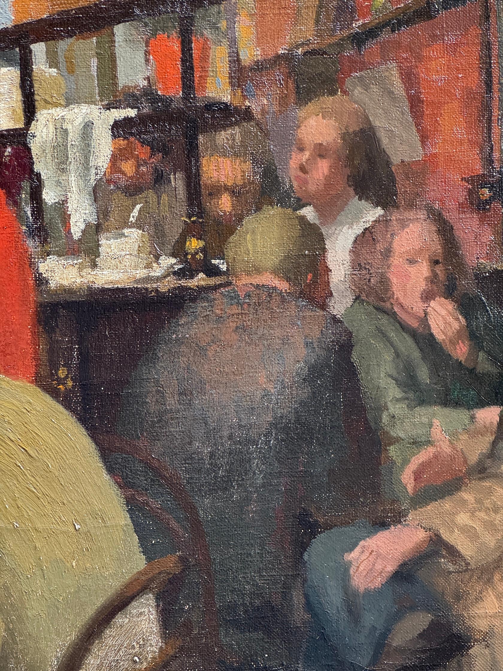 Englisches Öl aus der Mitte des Jahrhunderts mit dem Interieur eines Cafés oder Pubs,  sitzende und trinkende Menschen im Angebot 5