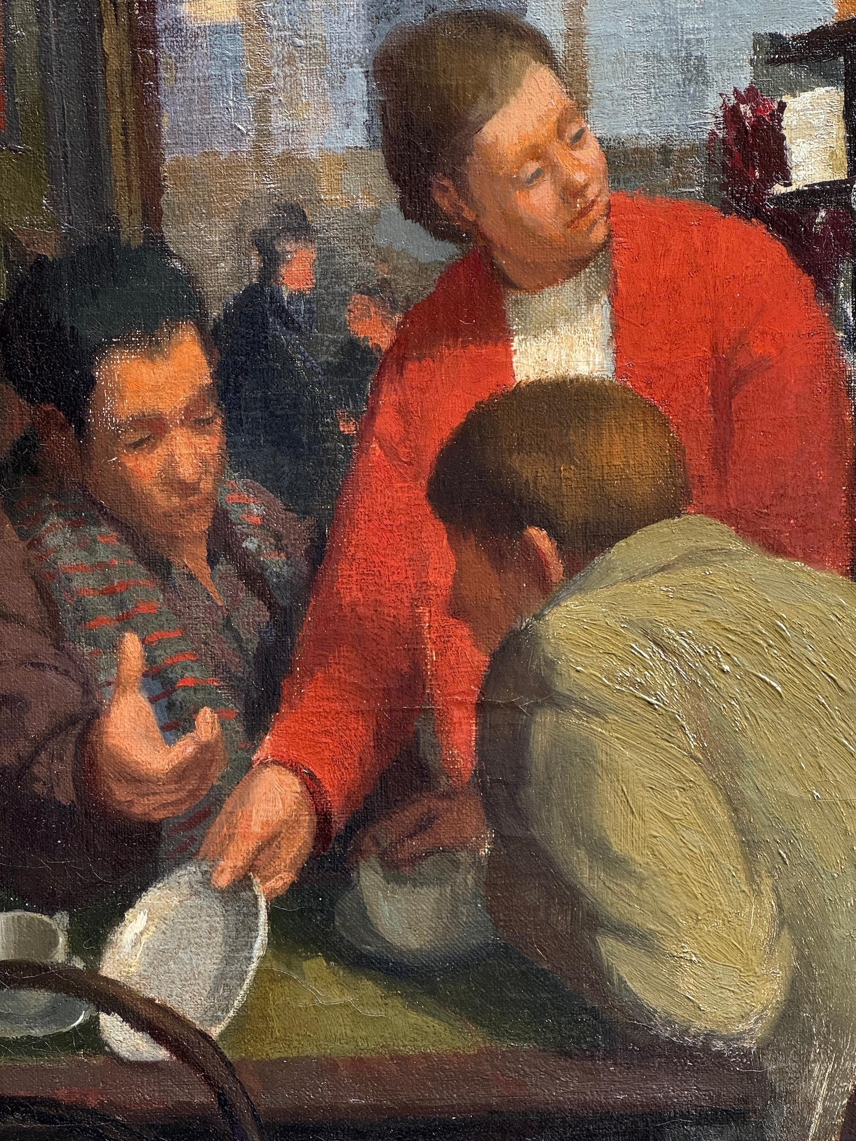 Englisches Öl aus der Mitte des Jahrhunderts mit dem Interieur eines Cafés oder Pubs,  sitzende und trinkende Menschen im Angebot 7