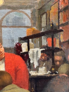 English Mid century oil of a cafe or Pub interior,  people seated and drinking