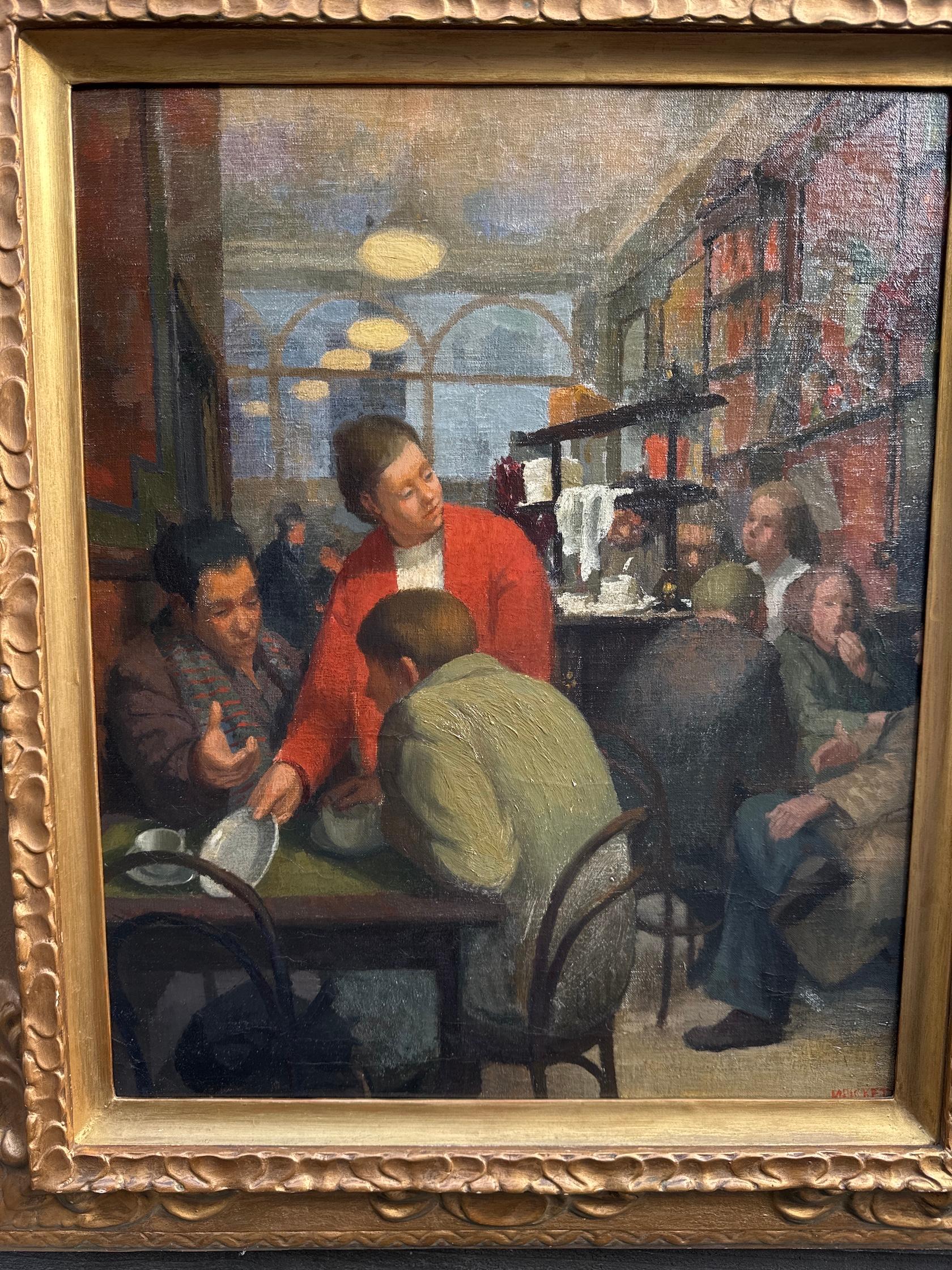 Englisches Öl aus der Mitte des Jahrhunderts mit dem Interieur eines Cafés oder Pubs,  sitzende und trinkende Menschen (Braun), Figurative Painting, von M.Ricket