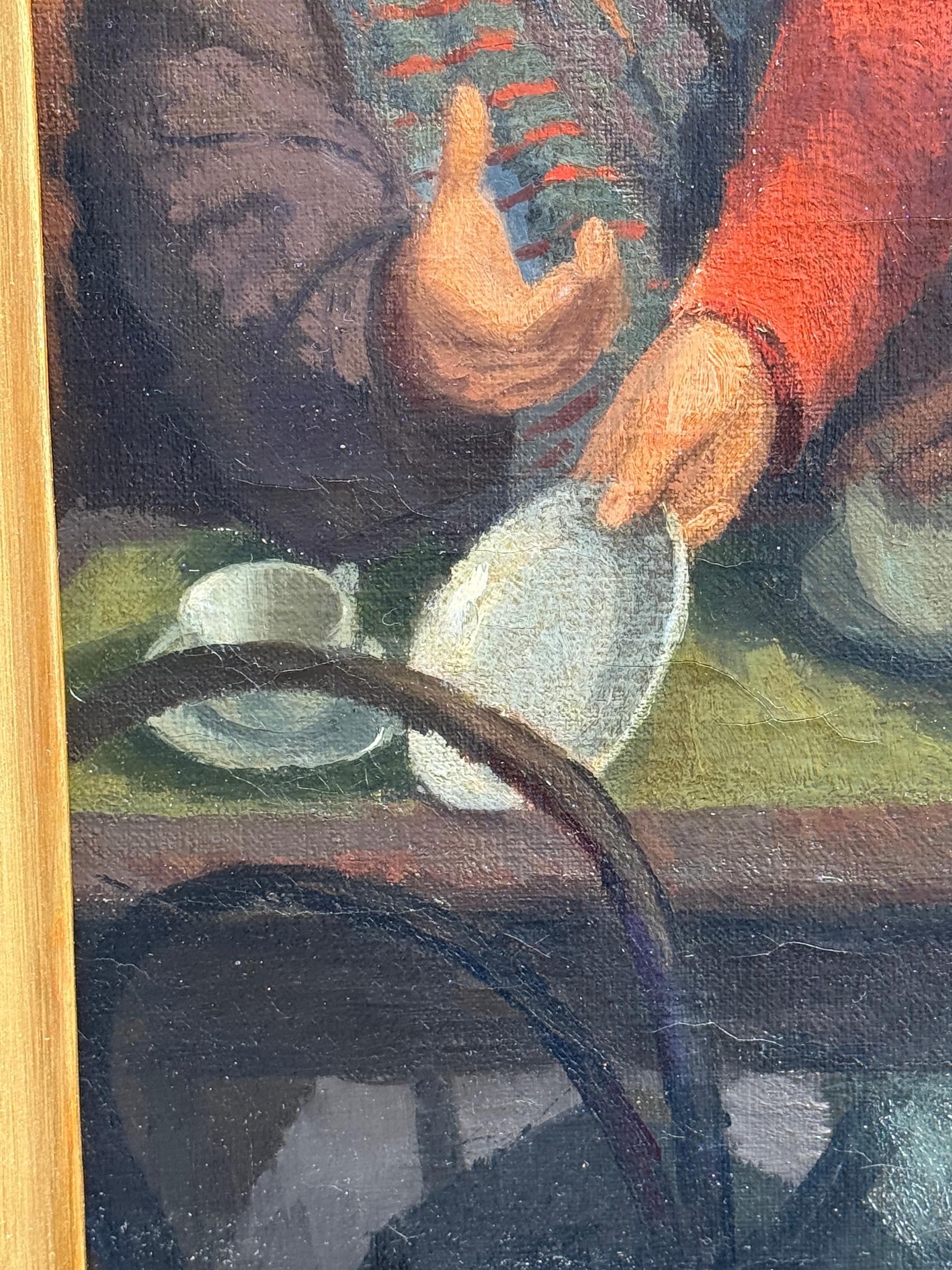 M. Ricket (Brite, Mitte des 20. Jahrhunderts)

Café Interieur
Öl auf Leinwand, rechts unten signiert
Präsentiert in einem geschnitzten vergoldeten Rahmen

Diese fesselnde Szene aus der Mitte des Jahrhunderts von M. Ricket fängt die Wärme und