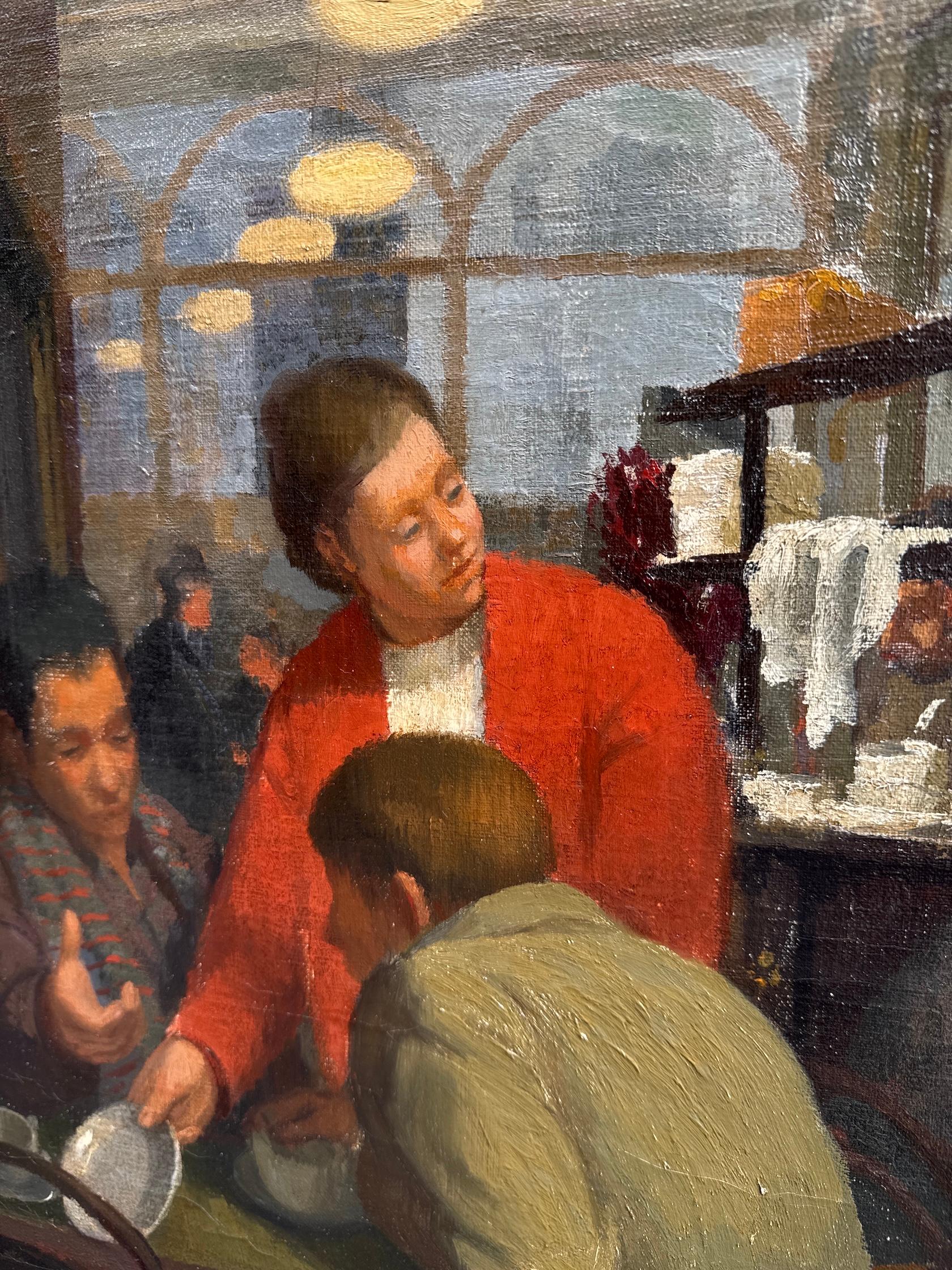 Englisches Öl aus der Mitte des Jahrhunderts mit dem Interieur eines Cafés oder Pubs,  sitzende und trinkende Menschen im Angebot 1