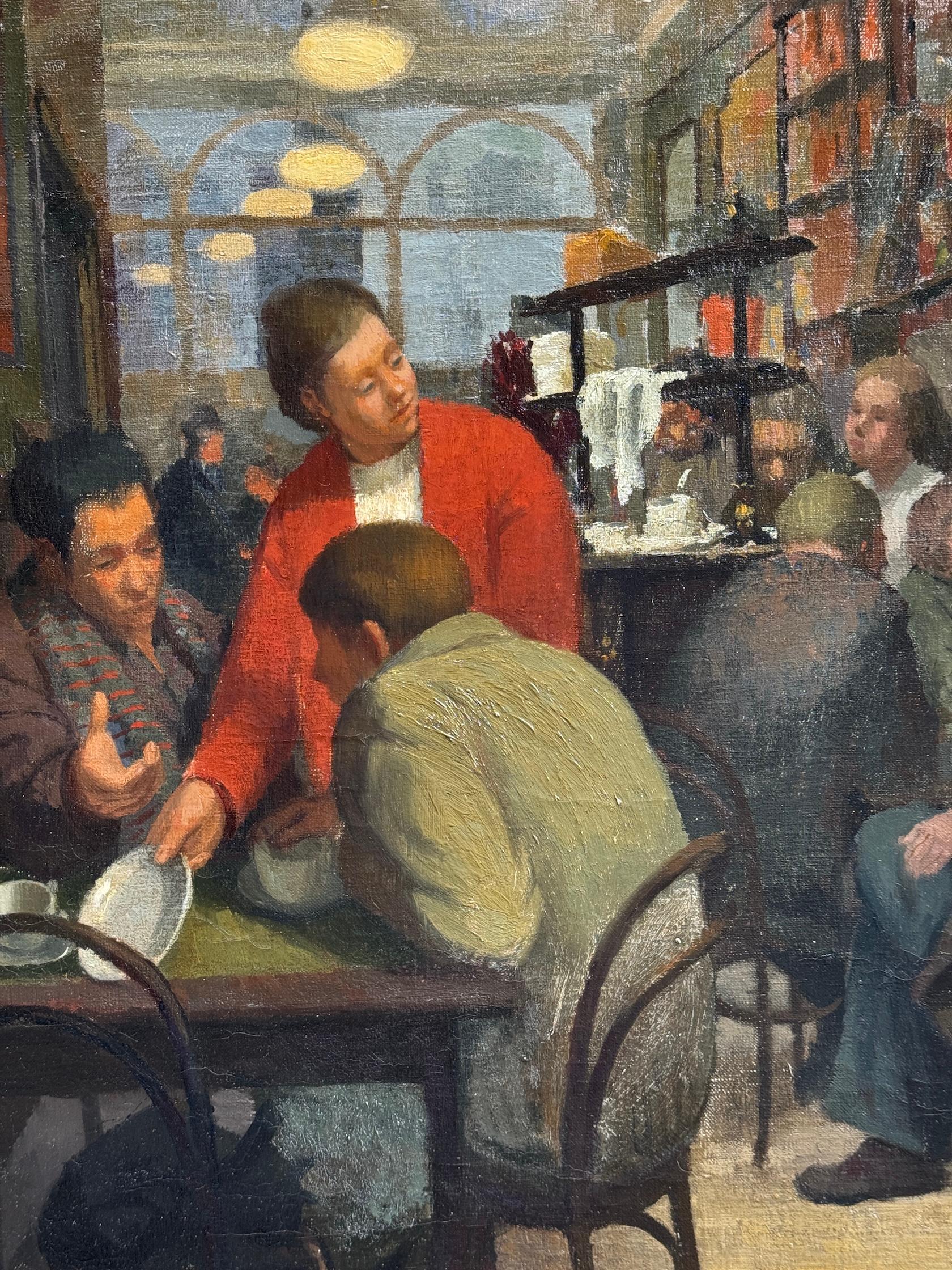 Englisches Öl aus der Mitte des Jahrhunderts mit dem Interieur eines Cafés oder Pubs,  sitzende und trinkende Menschen im Angebot 4