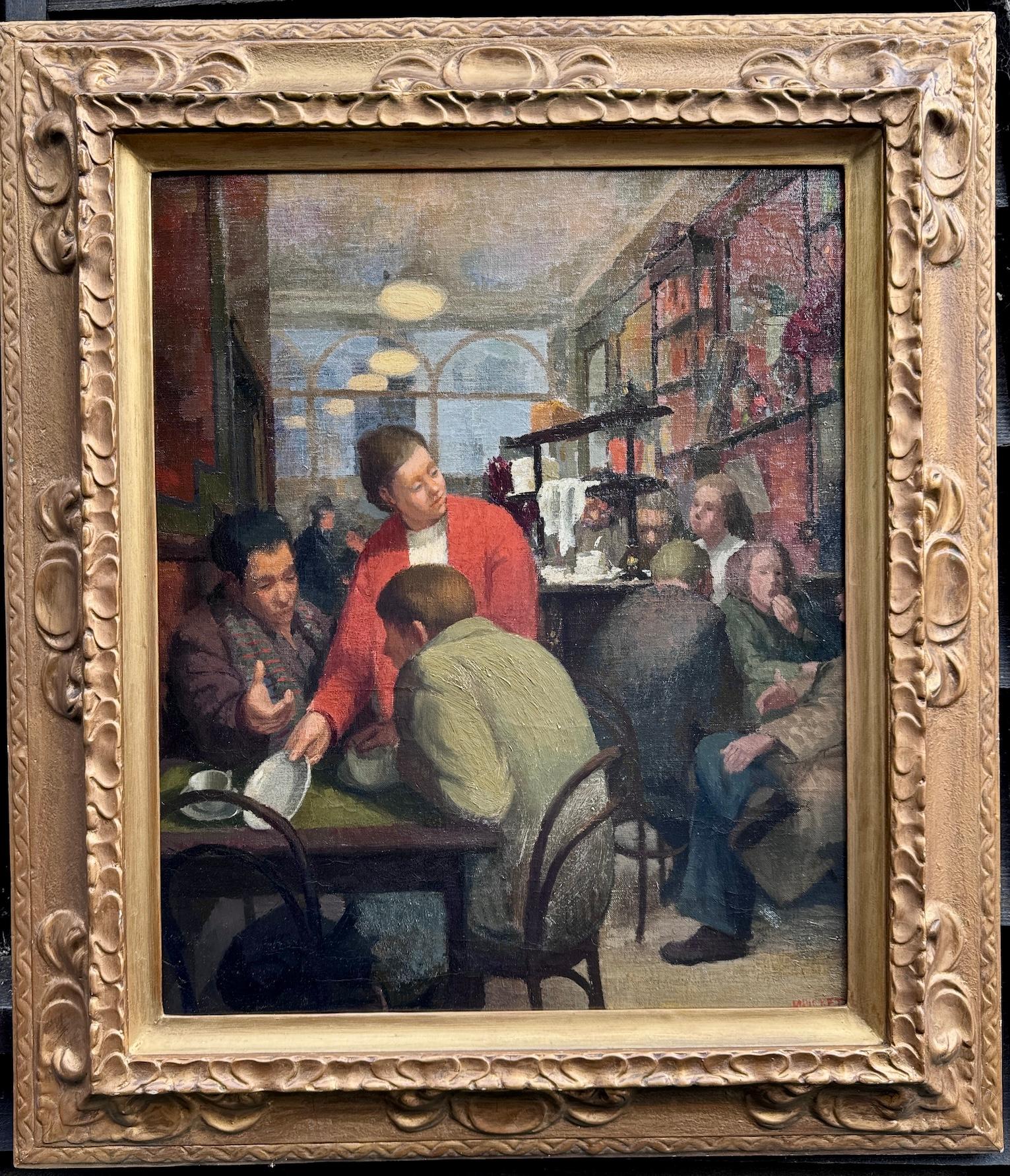 Englisches Öl aus der Mitte des Jahrhunderts mit dem Interieur eines Cafés oder Pubs,  sitzende und trinkende Menschen