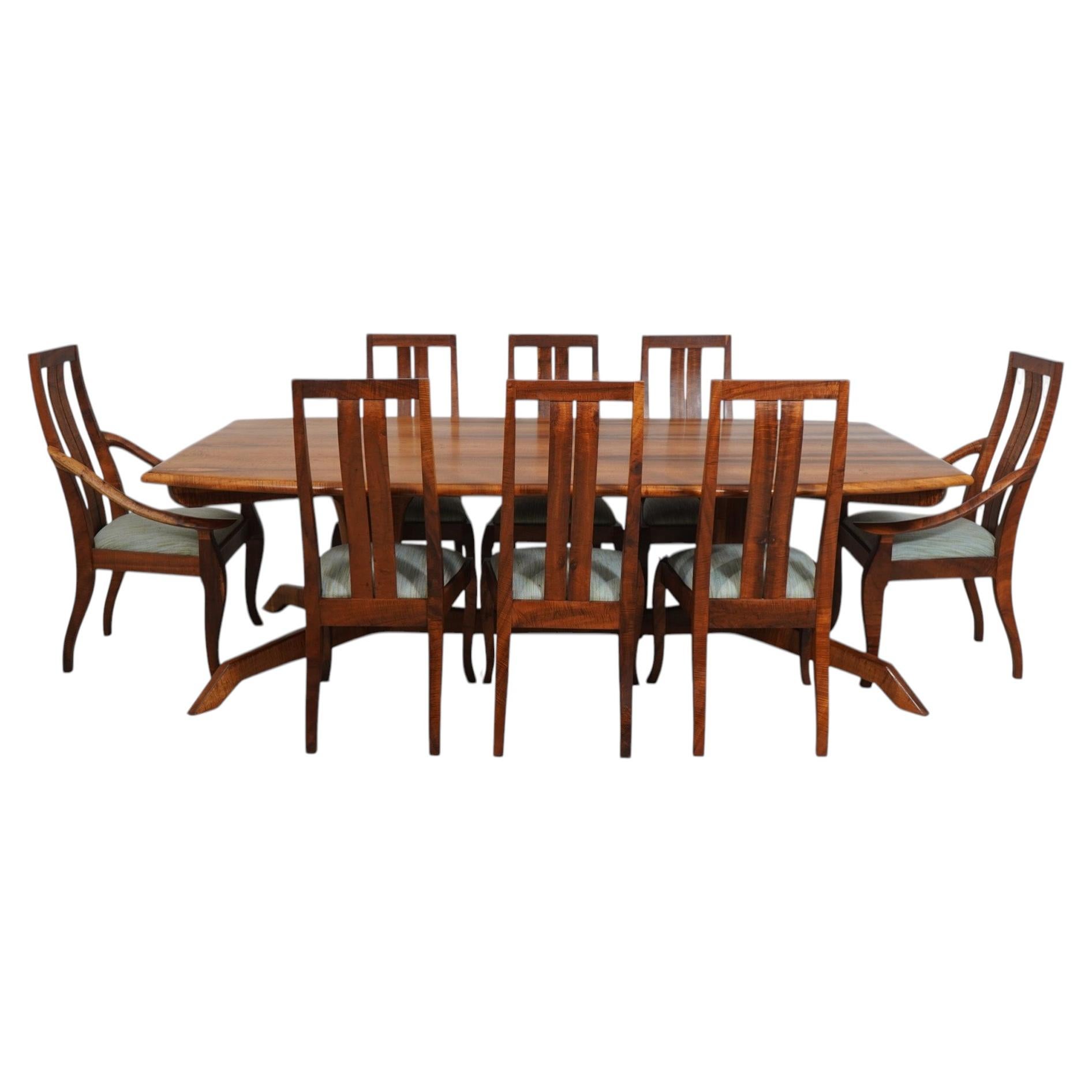 Modern Tiger Maple Dining Table & Chairs by M. Riley Studio, USA For Sale