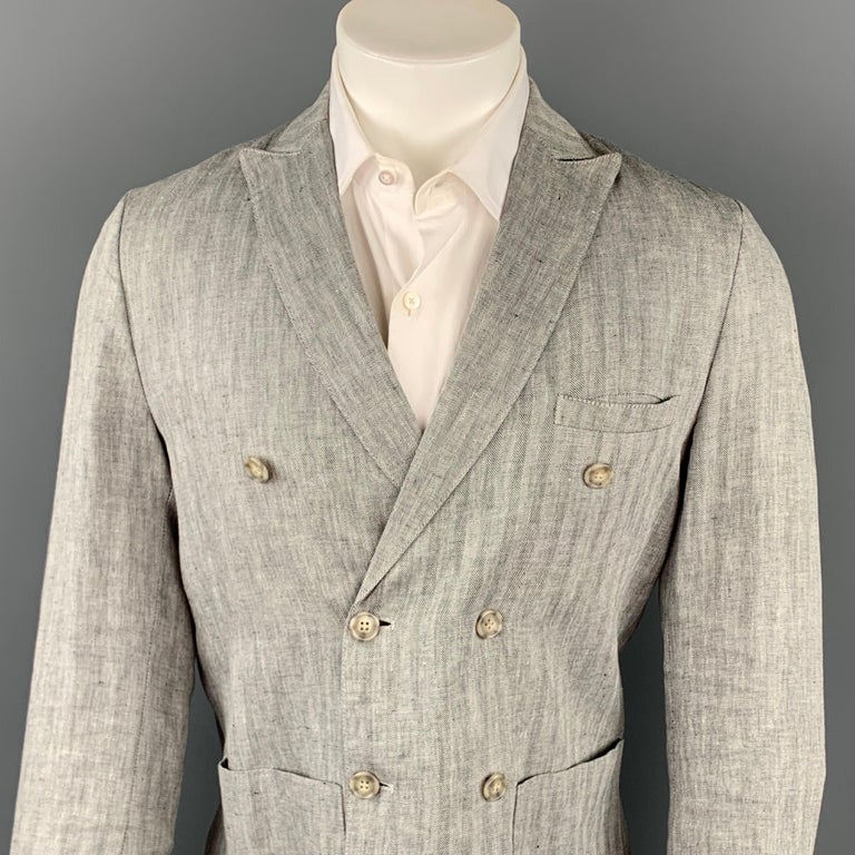 MR.RICK TAILOR Size 40 Grey Herringbone Linen Double Breasted Sport