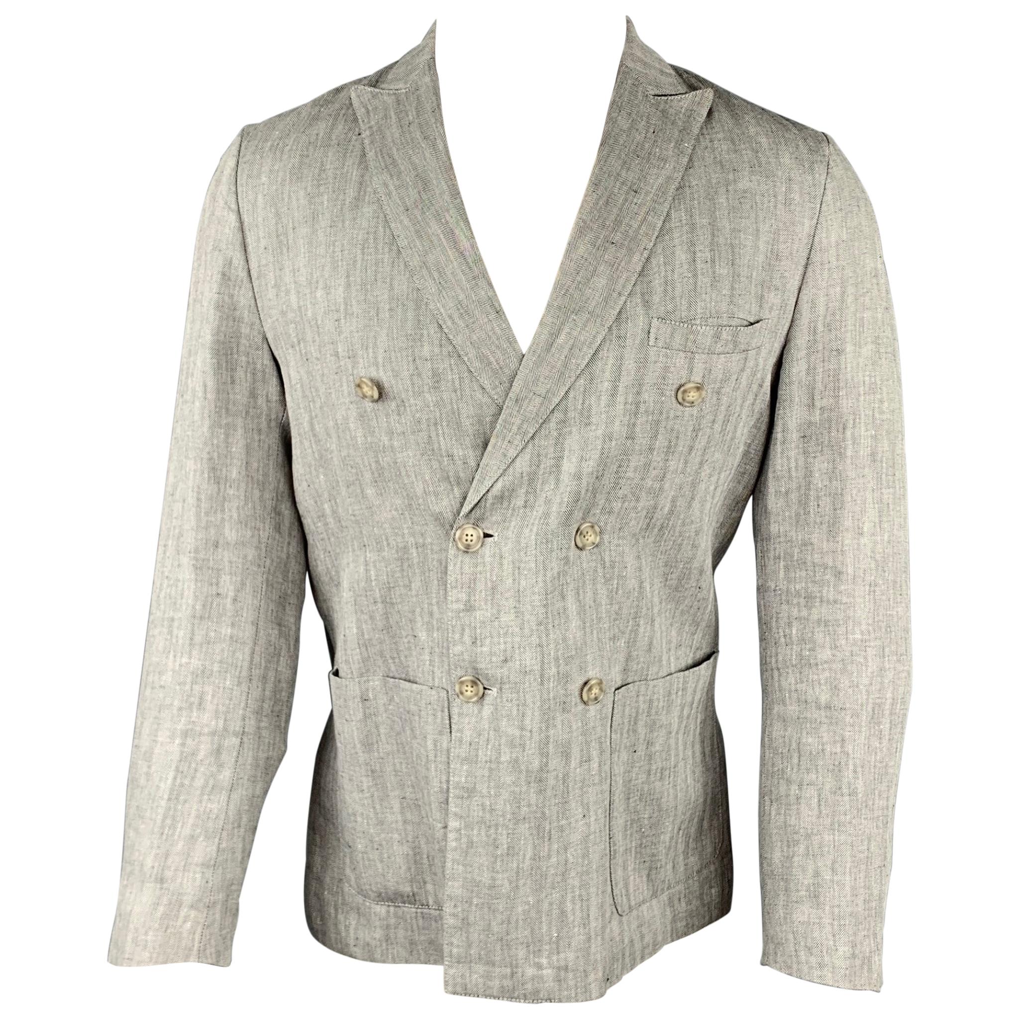 MR.RICK TAILOR Size 40 Grey Herringbone Linen Double Breasted Sport