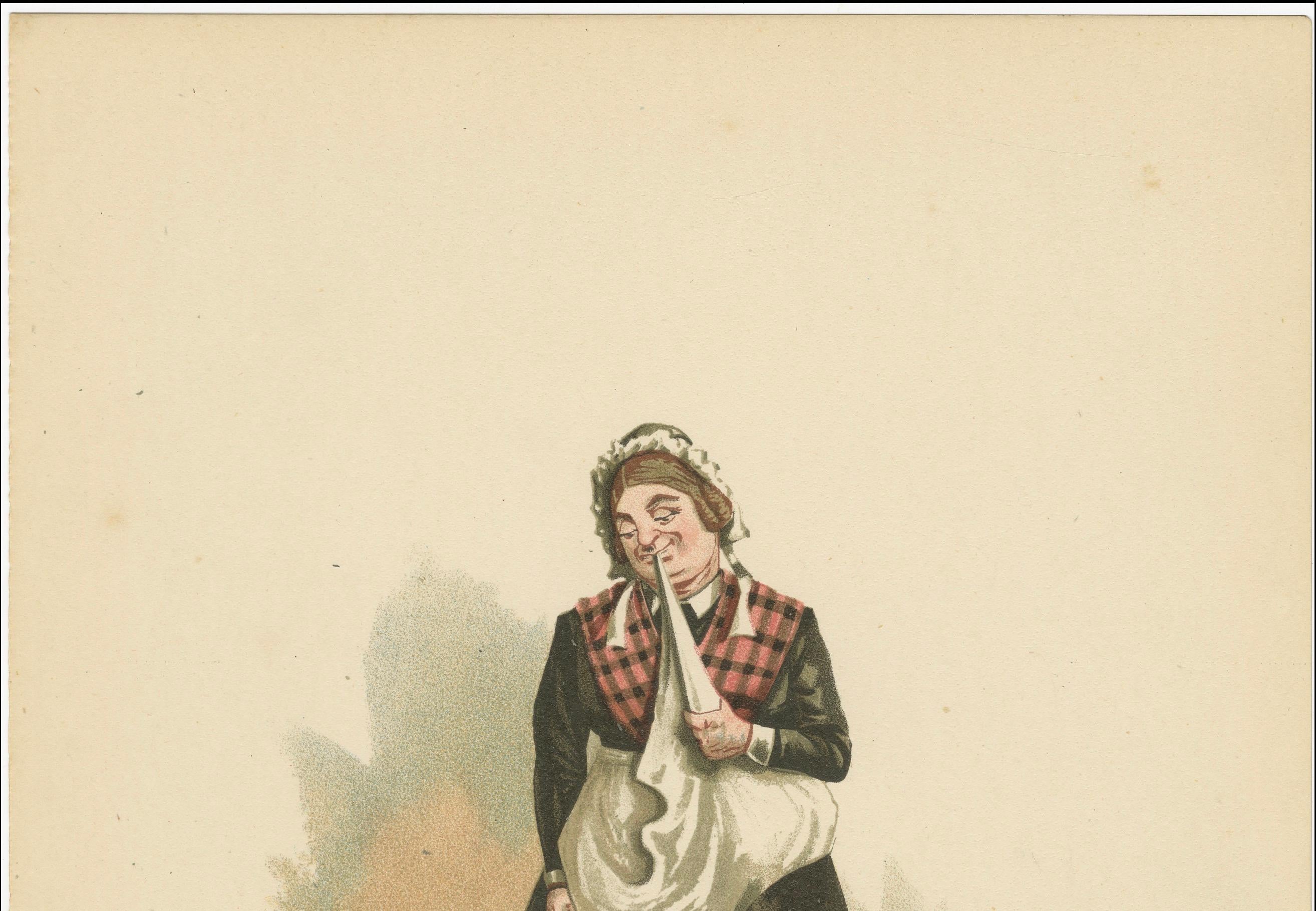 Mrs. Bardell aus den Pickwick Papers - Kyds Comic-Druck nach Dickens

Beschreibung:
Diese Original-Chromolithografie aus dem späten 19. Jahrhundert zeigt die verlassene Mrs. Bardell, eine der denkwürdigen Nebenfiguren aus Charles Dickens' The