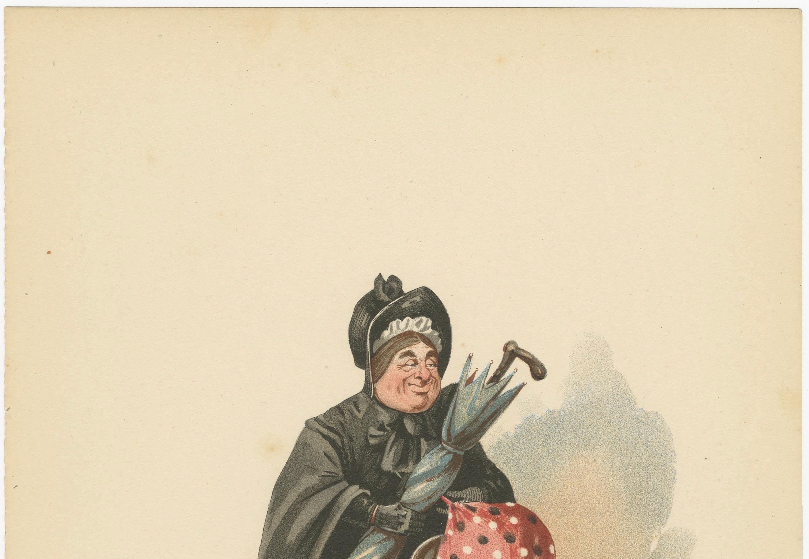 Mrs. Gamp aus Martin Chuzzlewit - Kyd Charakterdruck nach Dickens, ca. 1889

Beschreibung:
Diese Original-Chromolithografie zeigt die unvergessliche Figur der Mrs. Sarah Gamp aus Charles Dickens' Roman *Martin Chuzzlewit*, der erstmals 1843-44