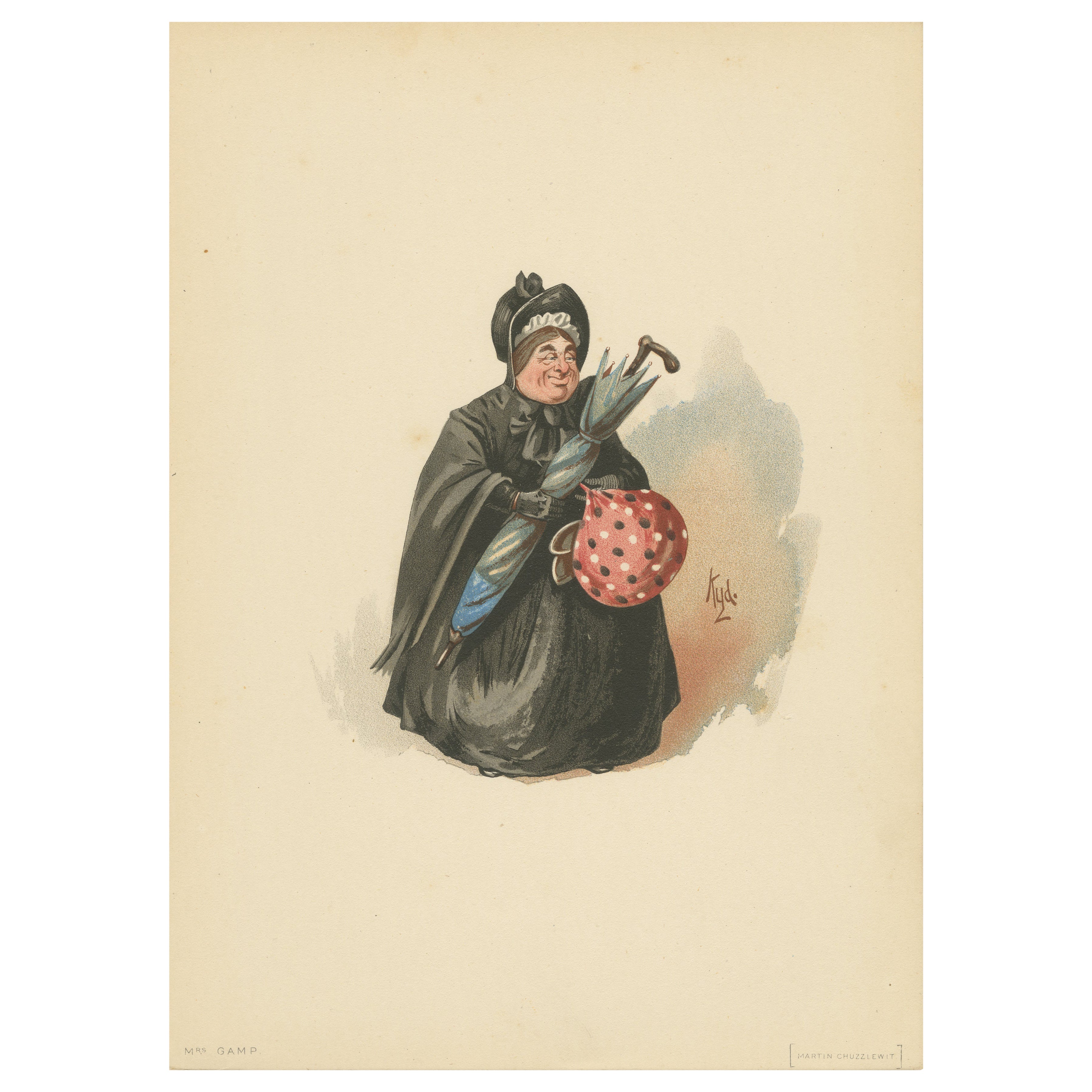 La Sra. Gamp de Martin Chuzzlewit - Grabado Kyd según Dickens, ca. 1889 en venta